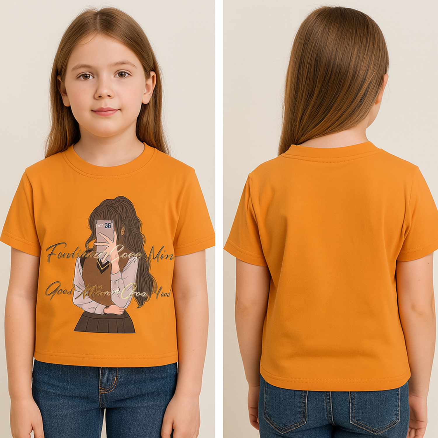 Reverse Xtreme Girls Stylish Graphic Print T-Shirt – Orange , Yellow & Hot Pink | Cute Cartoon Design