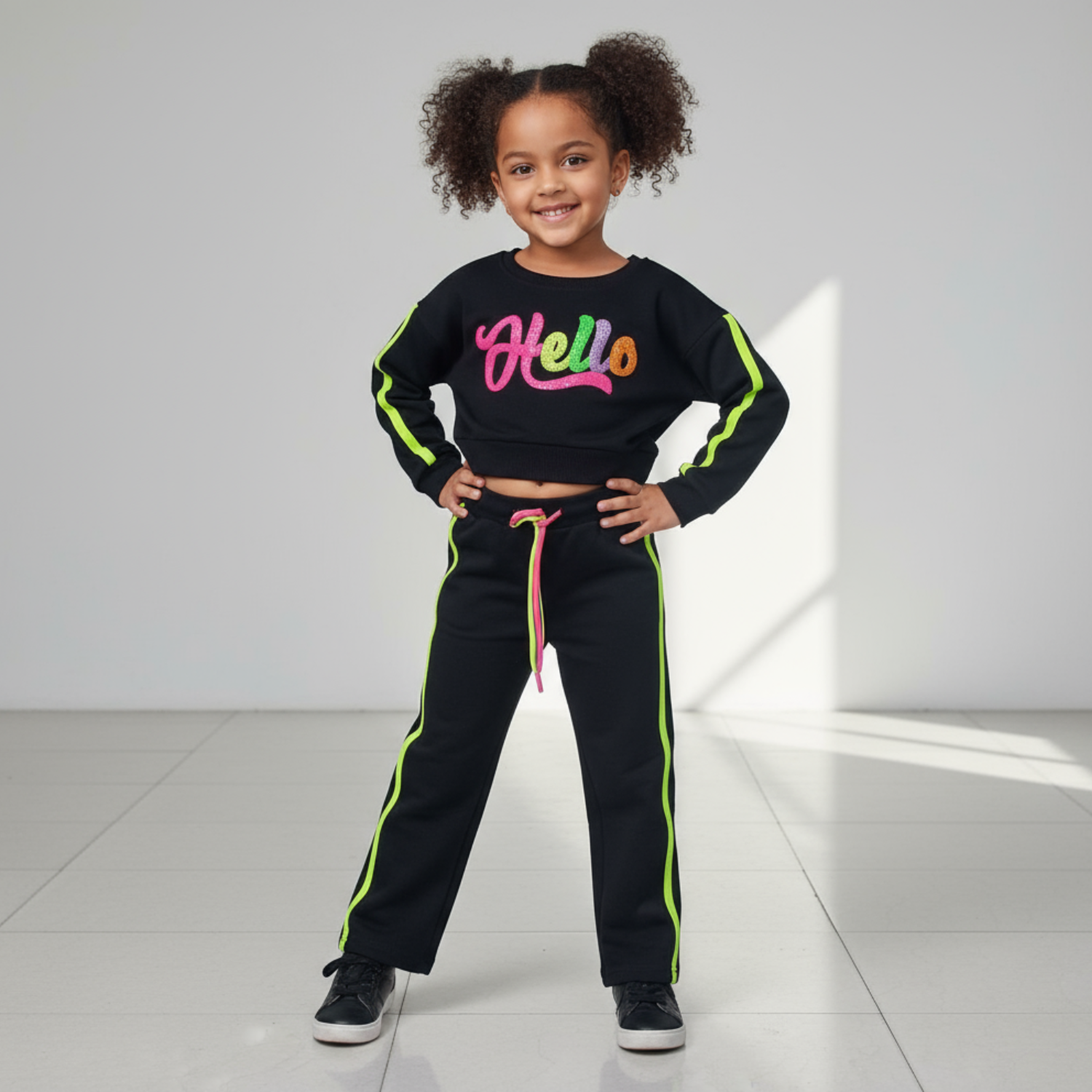 JUST CLOTHES Girls "Hello" Tracksuit Set – Black with Neon Stripes (18M–14Y)