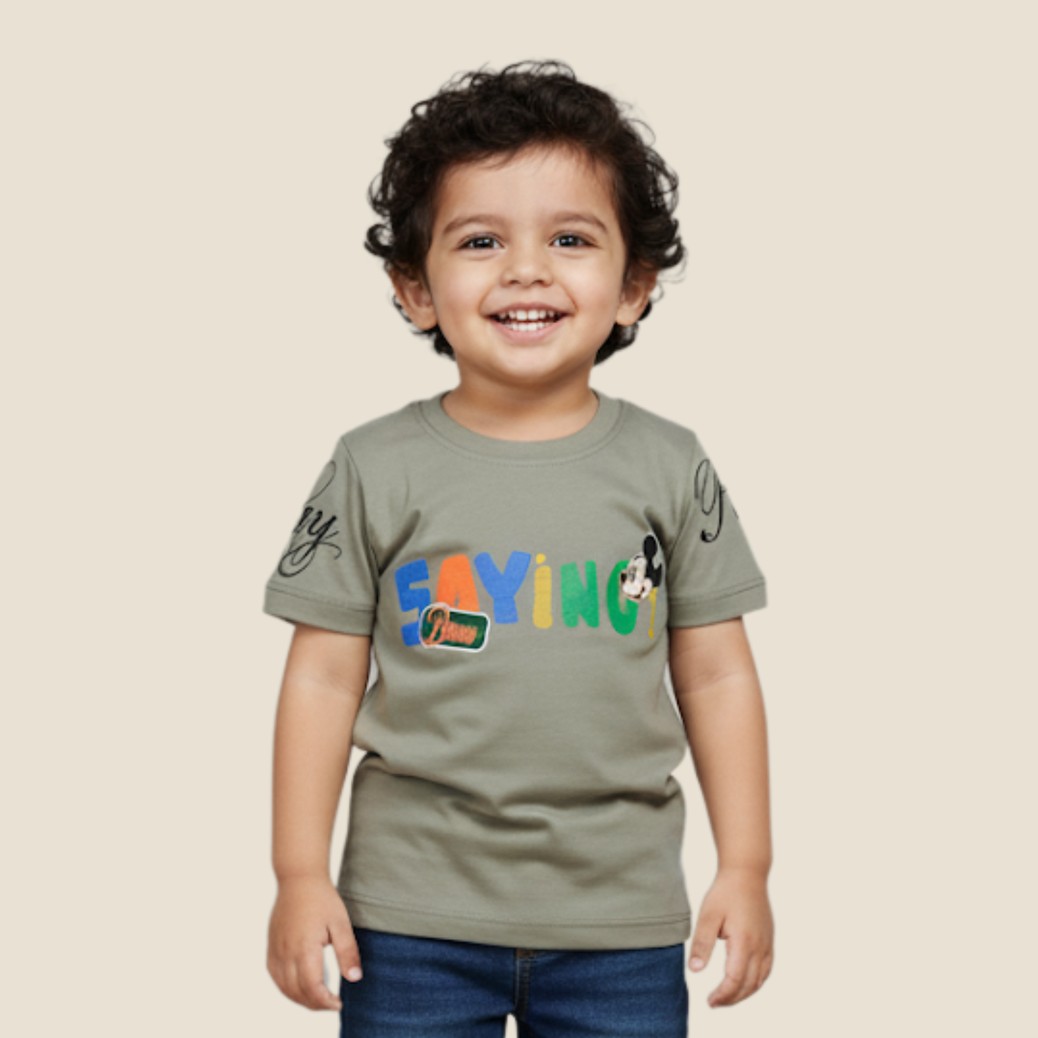 Smile Baby “What You Saying” Cartoon Print Kids’ T-Shirt – Olive Green