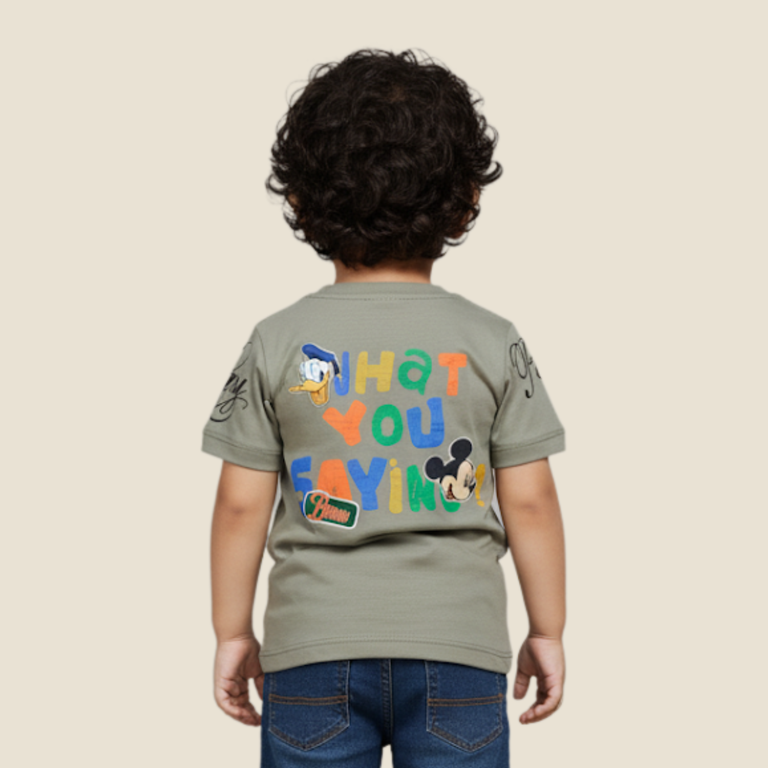 Smile Baby “What You Saying” Cartoon Print Kids’ T-Shirt – Olive Green