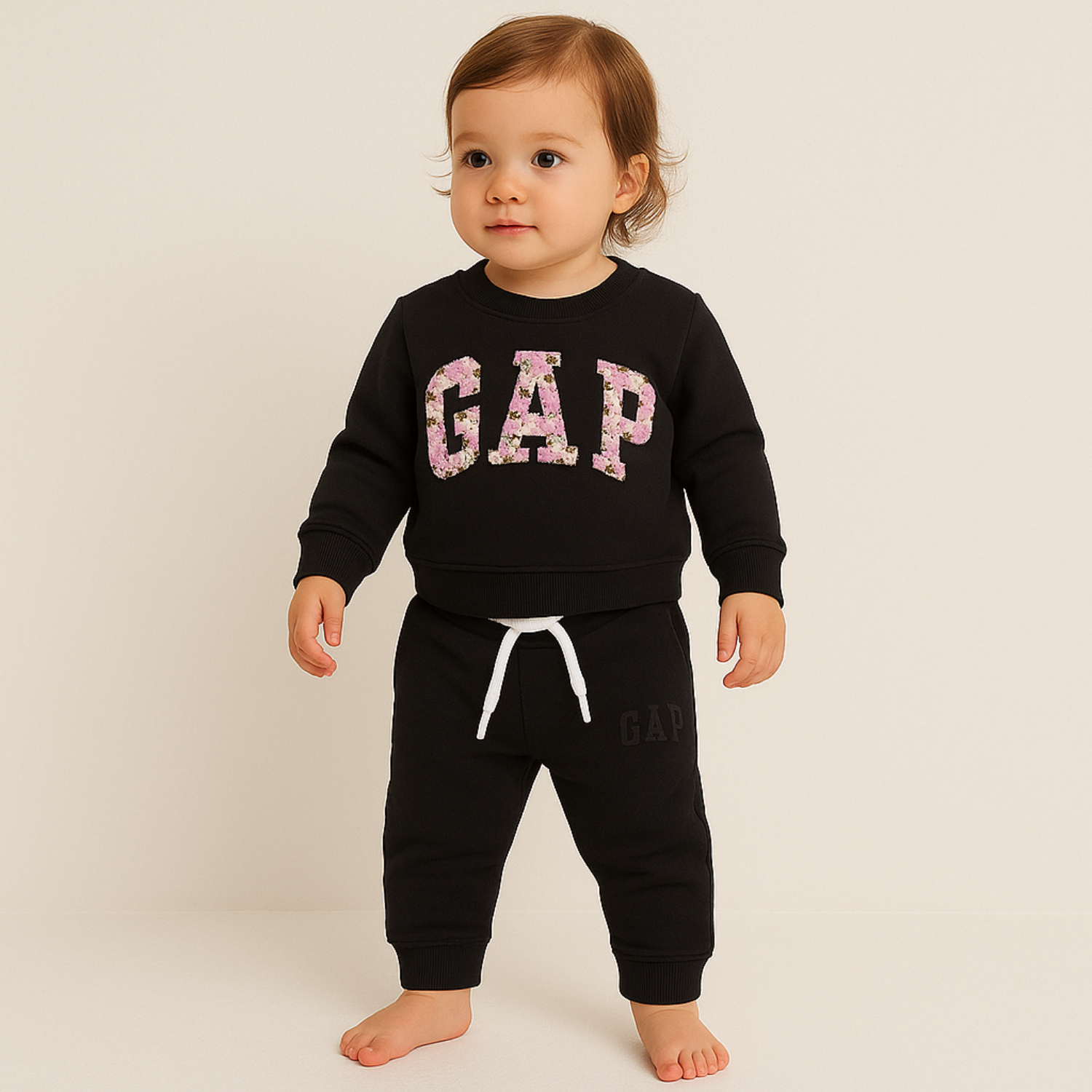 SMILE BABY Girls GAP-Inspired Floral Sweatshirt & Jogger Set (0–3 Years) Black