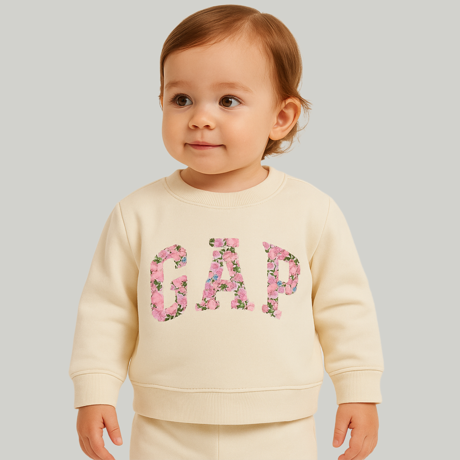 SMILE BABY Girls GAP-Inspired Floral Sweatshirt & Jogger Set – Cream (0–3 Years)
