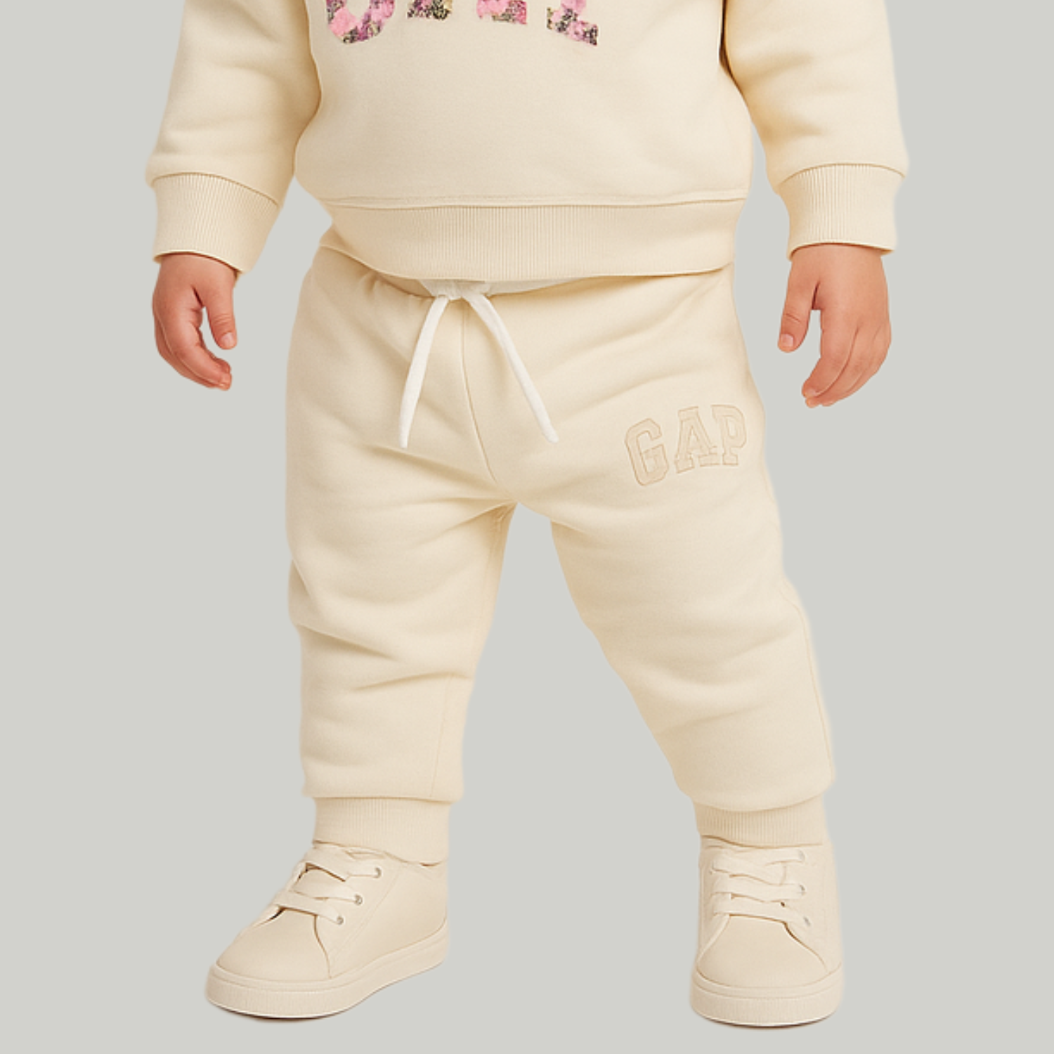 SMILE BABY Girls GAP-Inspired Floral Sweatshirt & Jogger Set – Cream (0–3 Years)