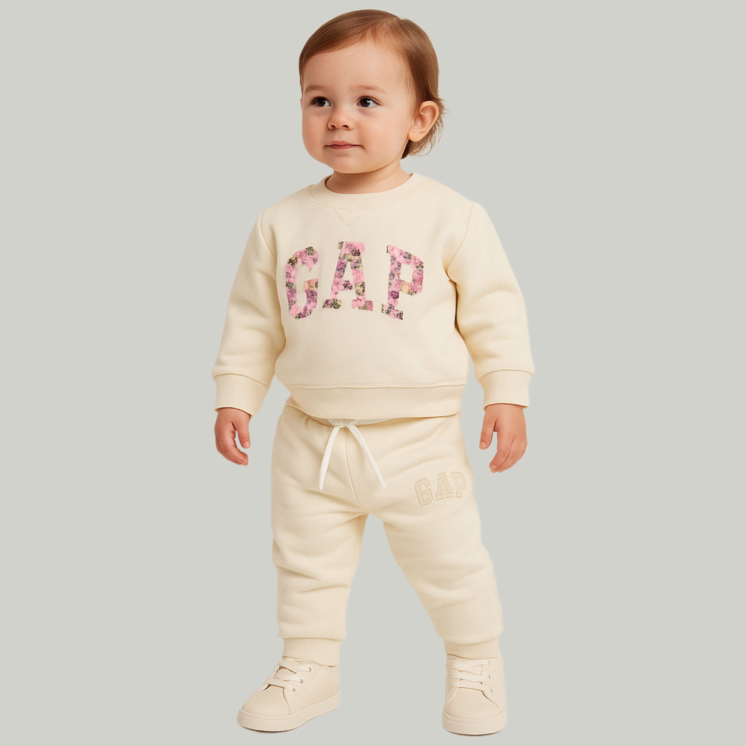 SMILE BABY Girls GAP-Inspired Floral Sweatshirt & Jogger Set – Cream (0–3 Years)