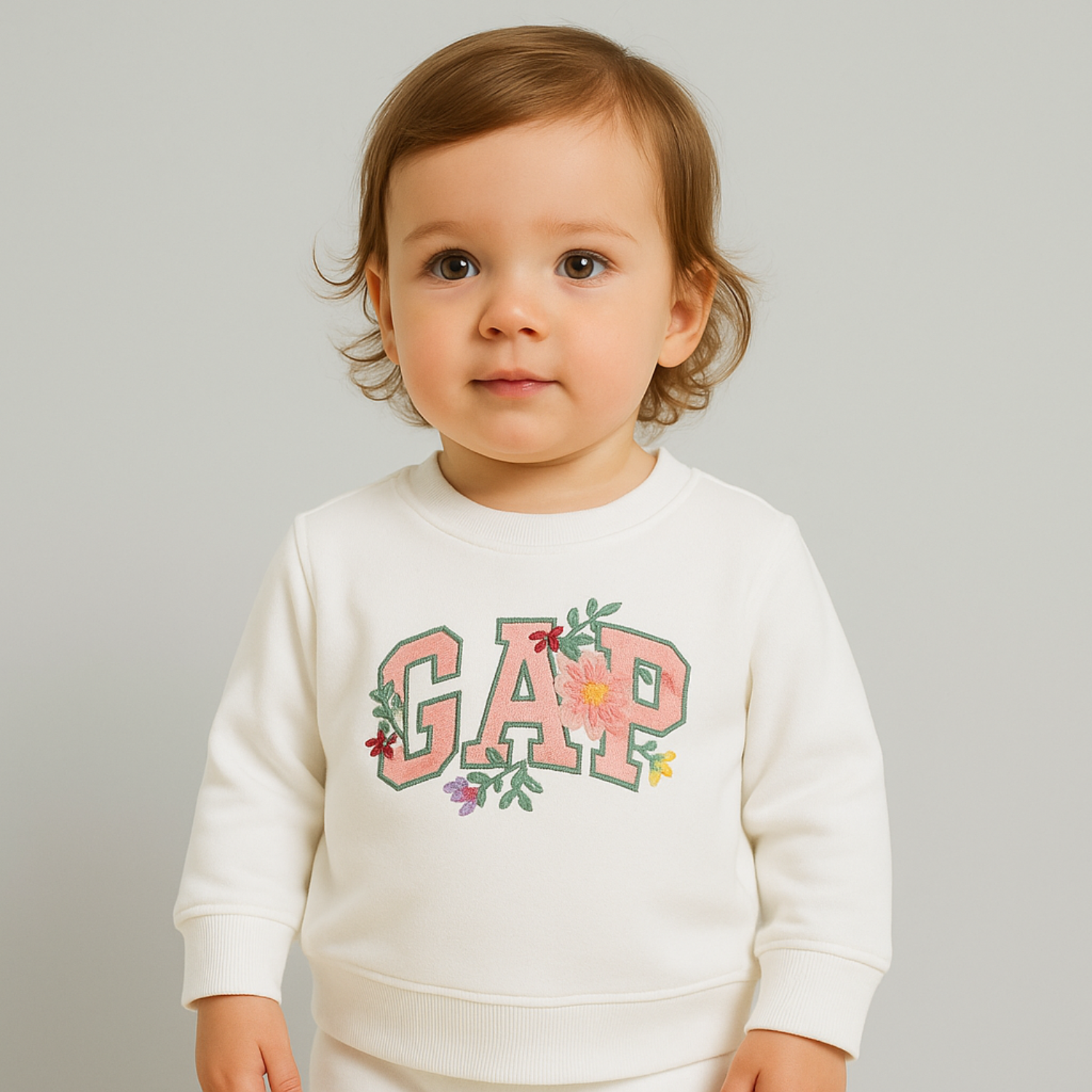 SMILE BABY Girls GAP-Inspired Floral Sweatshirt & Jogger Set – White (0–3 Years)
