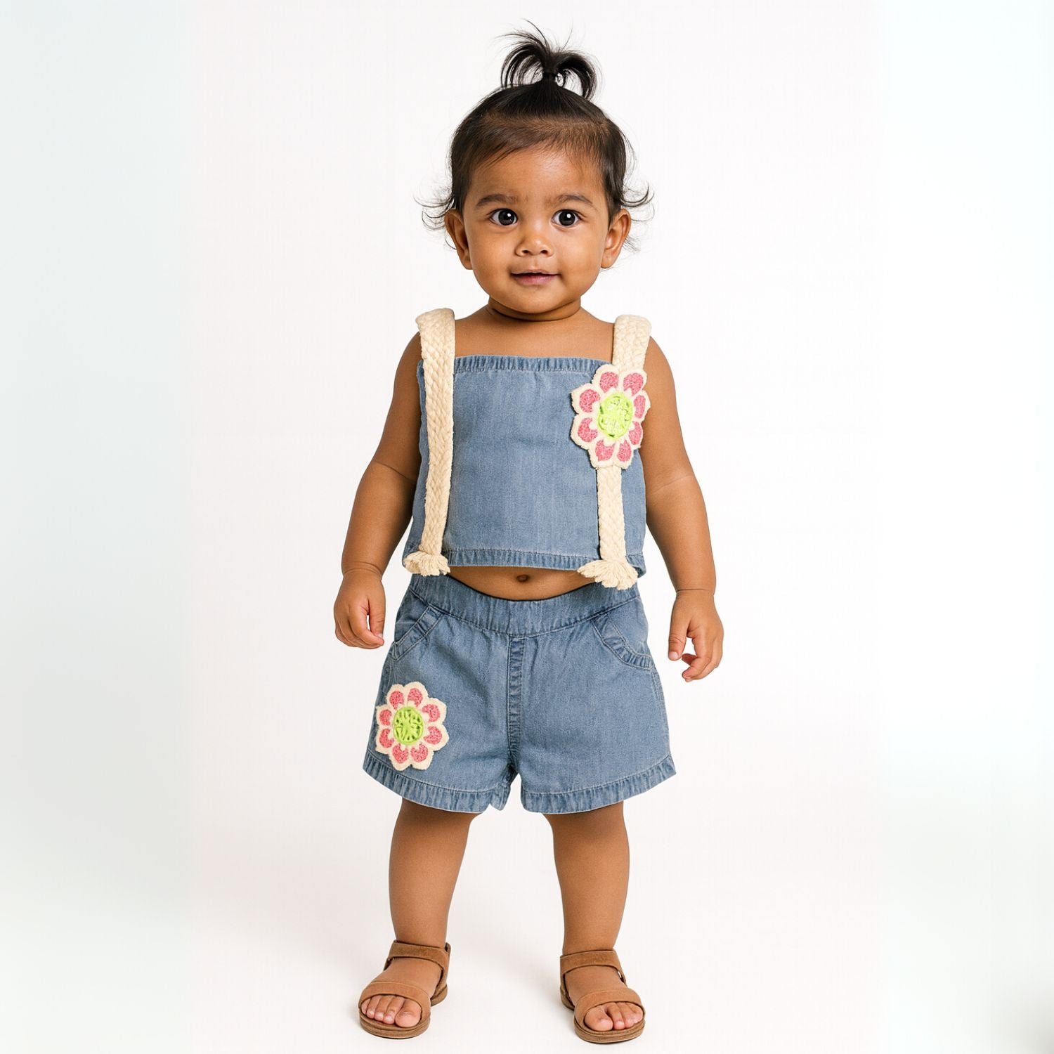 ROXY Girls Denim Two-Piece Set – Stylish Top & Shorts with Floral Design (9M–4Y, Dark Blue & Light Blue)