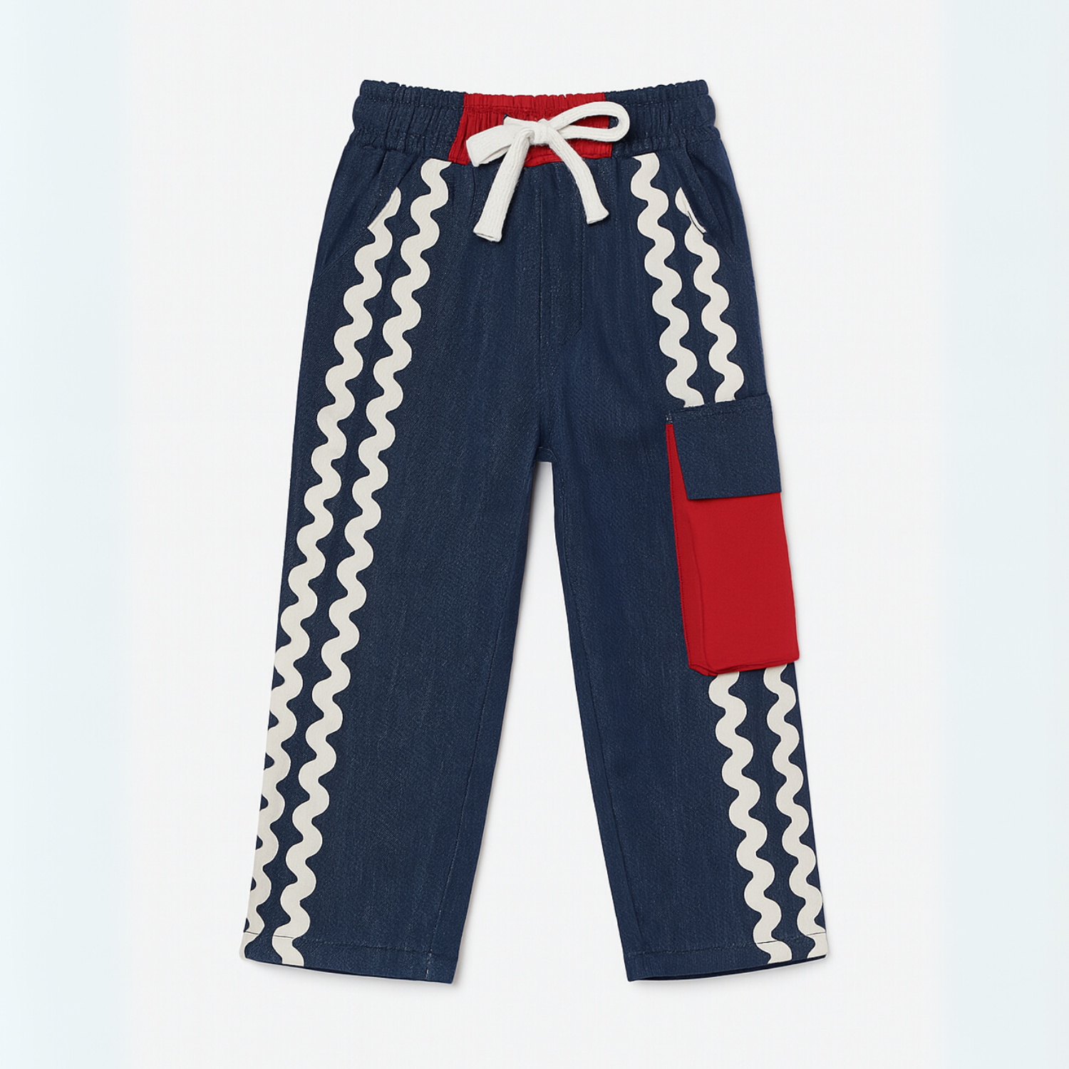 REVERSE X-TREME Girls’ Stylish Denim Pants – Red Pocket Detail & Zig-Zag Stripes | Age 4–14 Years