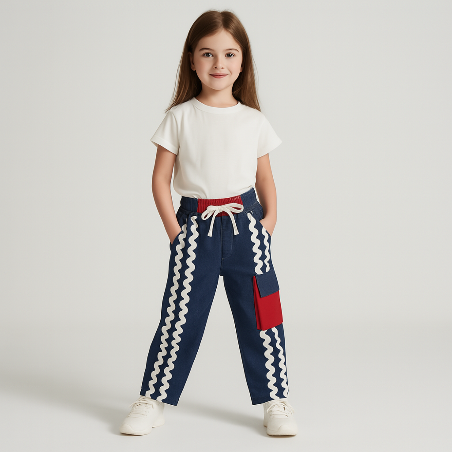 REVERSE X-TREME Girls’ Stylish Denim Pants – Red Pocket Detail & Zig-Zag Stripes | Age 4–14 Years