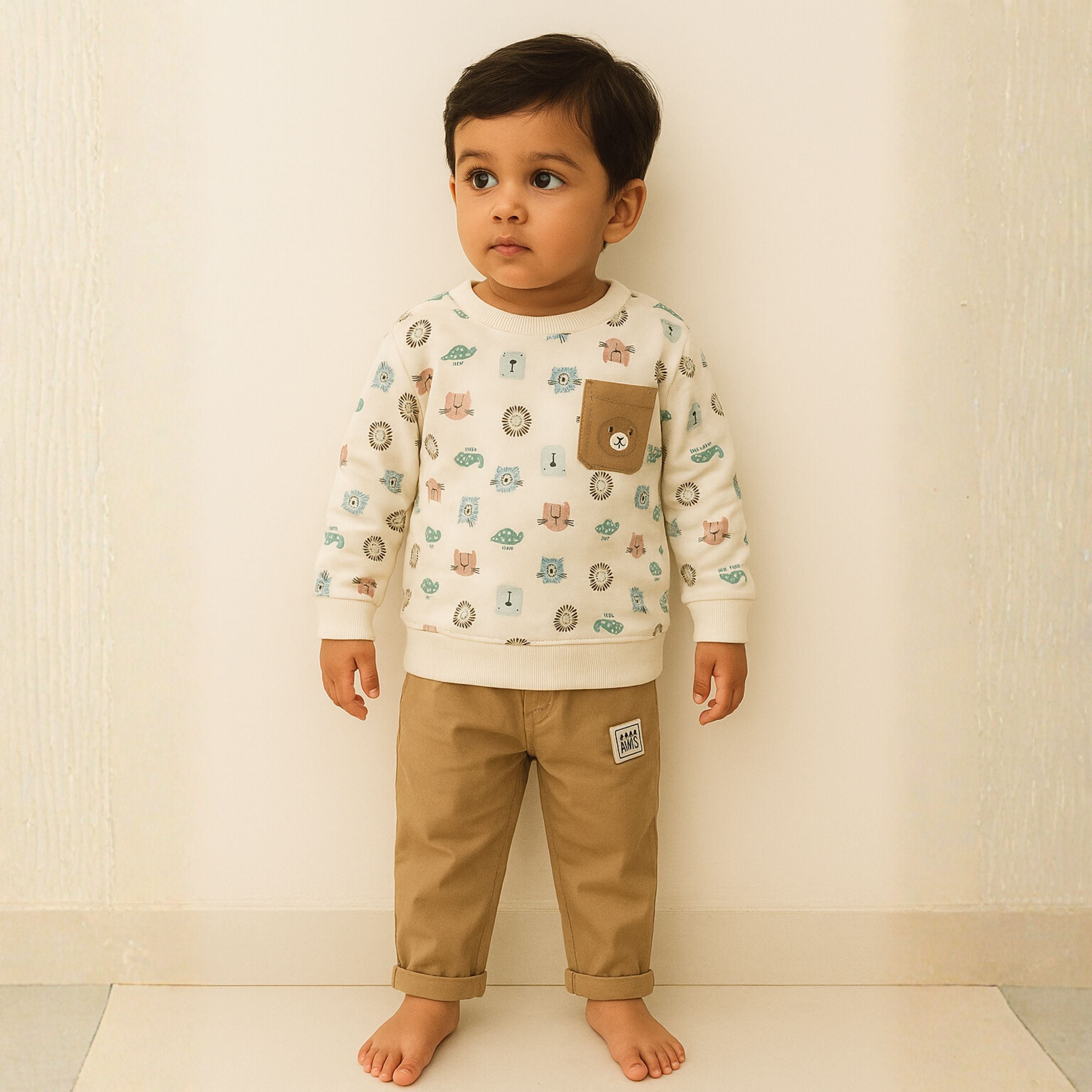 OLLYPOP Baby Animal Print Sweatshirt & Pant Set – White & Cream | 3M–3Y