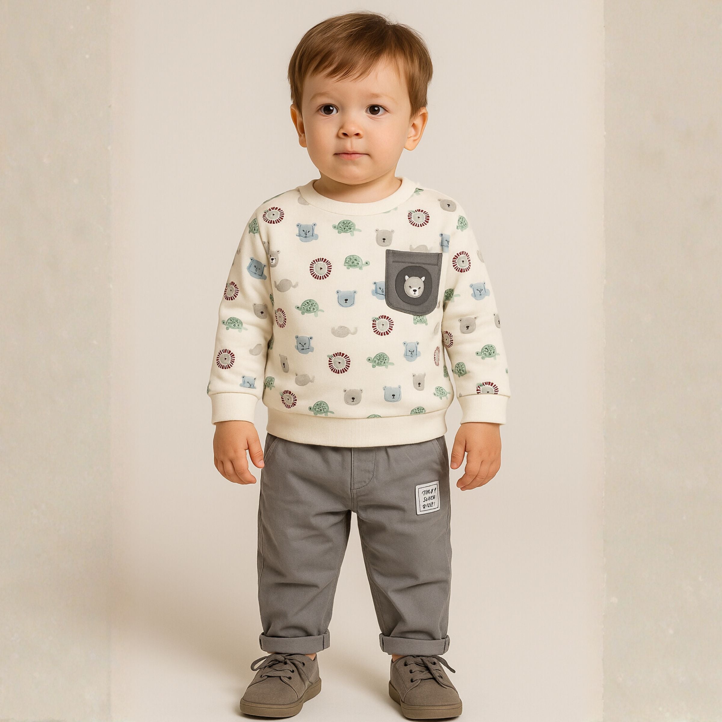 OLLYPOP Baby Animal Print Sweatshirt & Pant Set – White & Cream | 3M–3Y