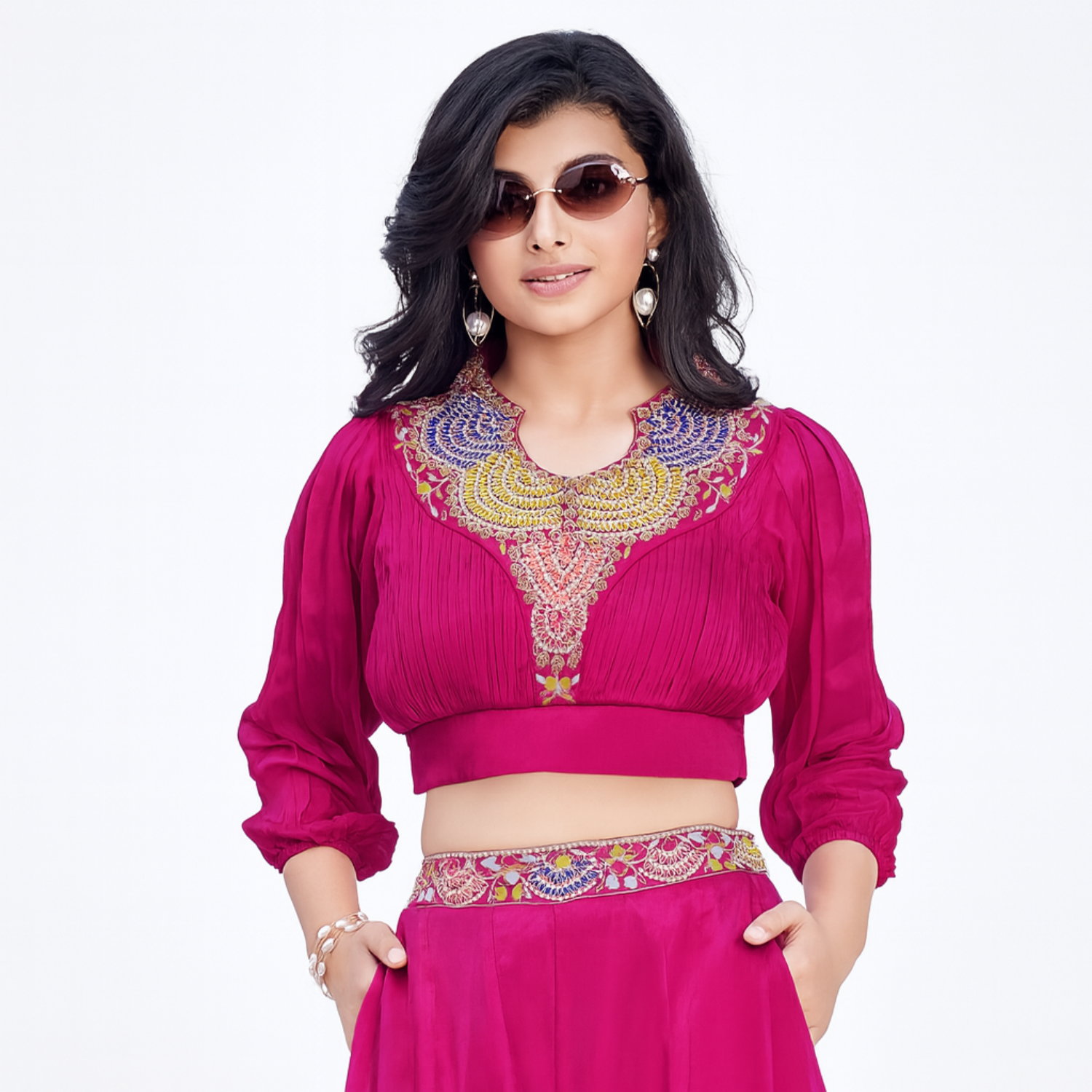 QREE Girls Magenta Silk Embroidered Co-Ord Set – Crop Top & Palazzo | 1 to 12 Years | Festive Wear
