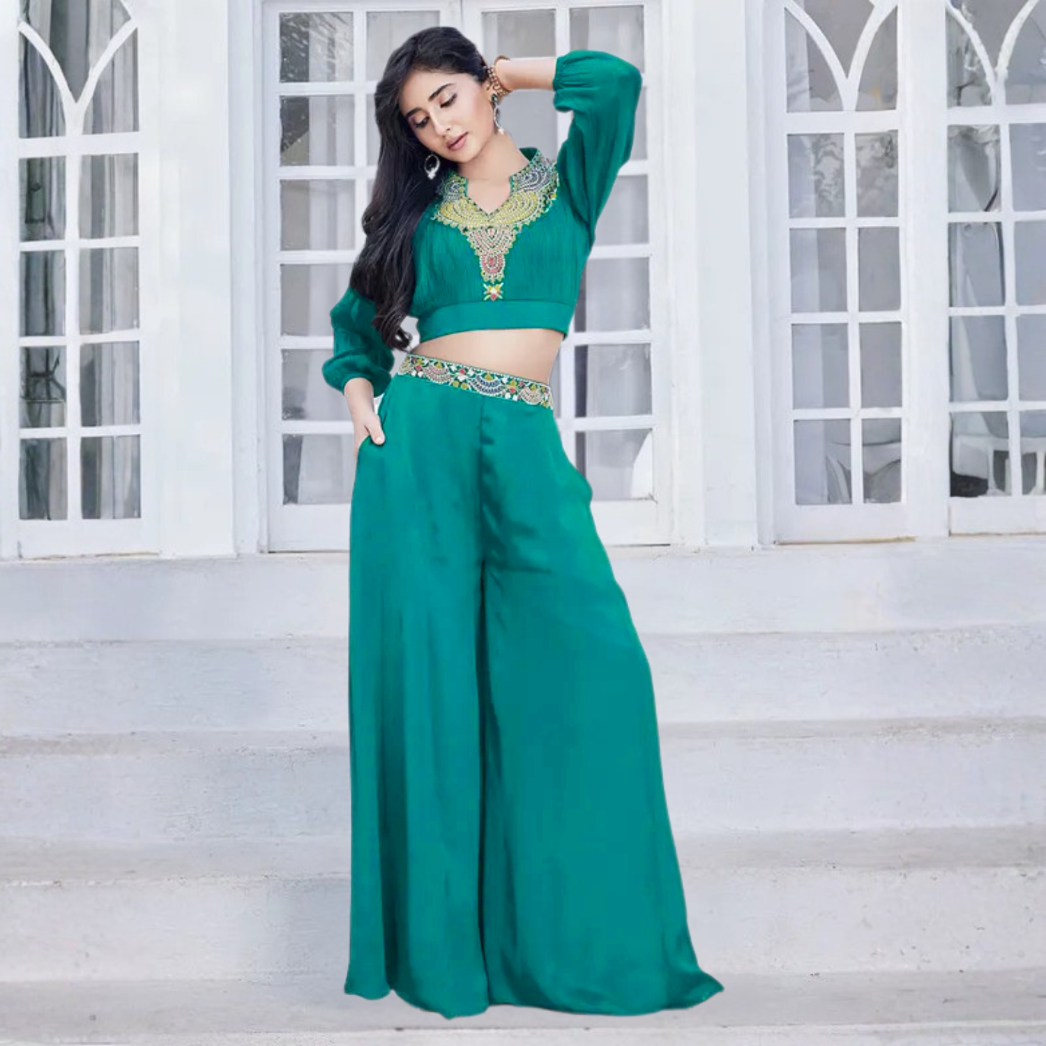 QREE GIRLS Firoji Silk Palazzo Suit for Girls (Age 4–12 Years)