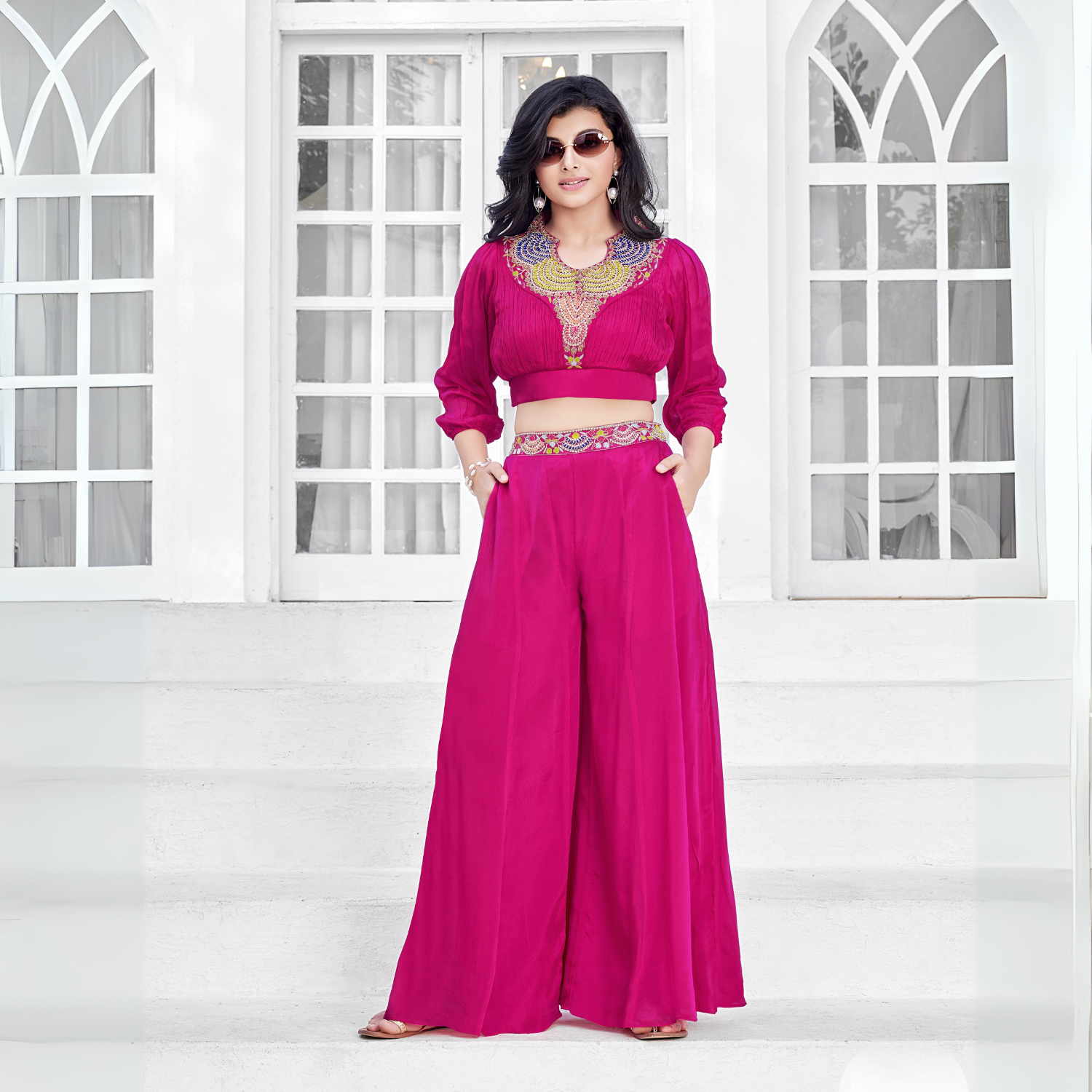 QREE Girls Magenta Silk Embroidered Co-Ord Set – Crop Top & Palazzo | 1 to 12 Years | Festive Wear