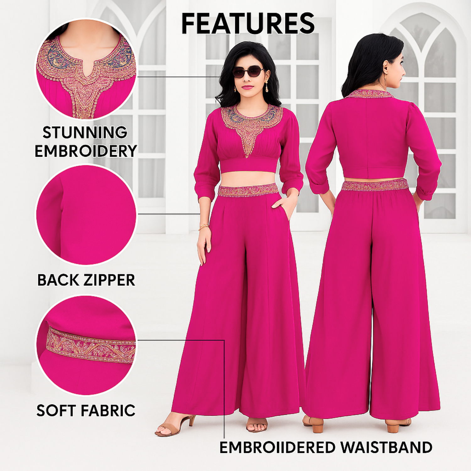 QREE Girls Magenta Silk Embroidered Co-Ord Set – Crop Top & Palazzo | 1 to 12 Years | Festive Wear