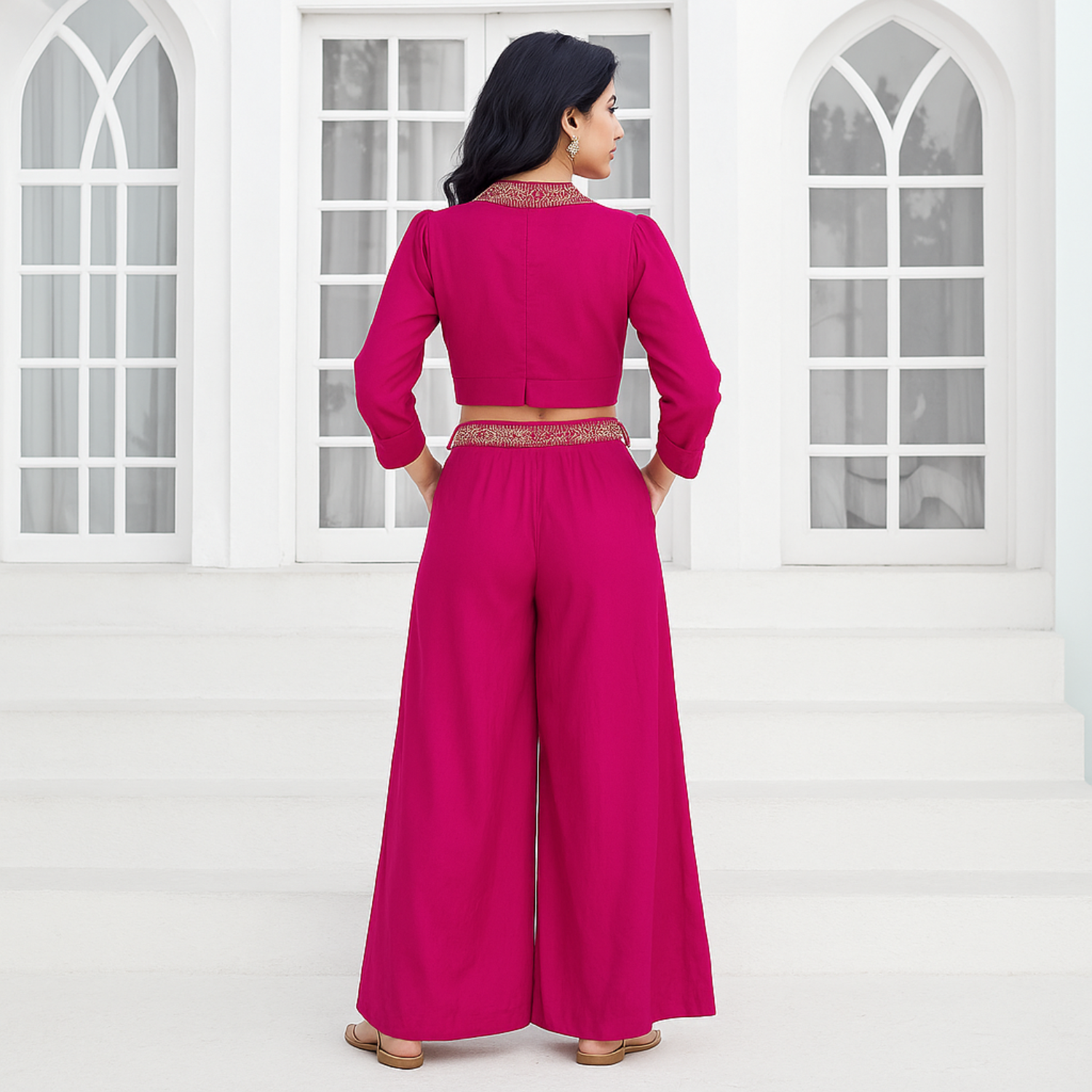 QREE Girls Magenta Silk Embroidered Co-Ord Set – Crop Top & Palazzo | 1 to 12 Years | Festive Wear