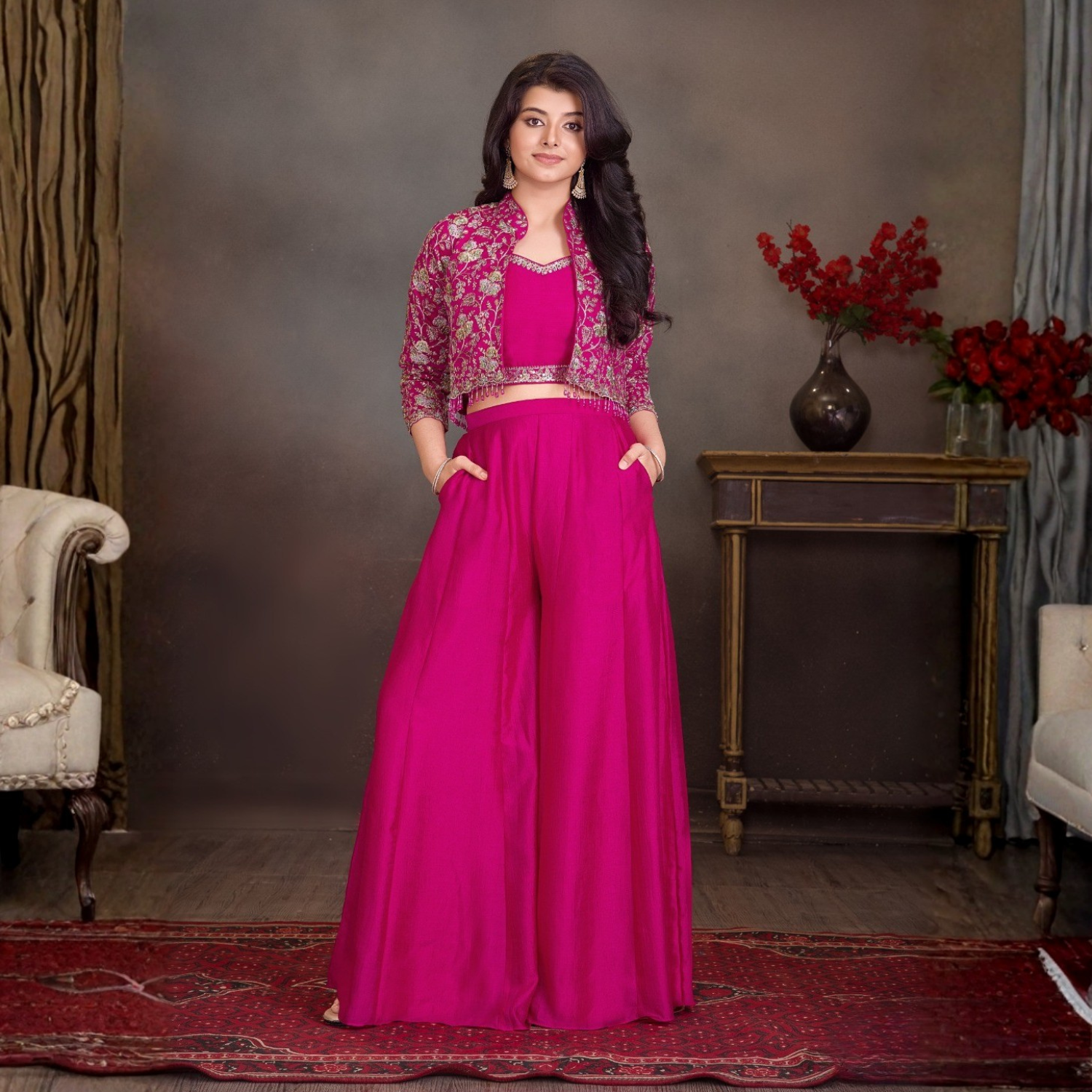 Qree Girls Rani Pink Embroidered Palazzo Set with Crop Top & Jacket (1–12 Years)