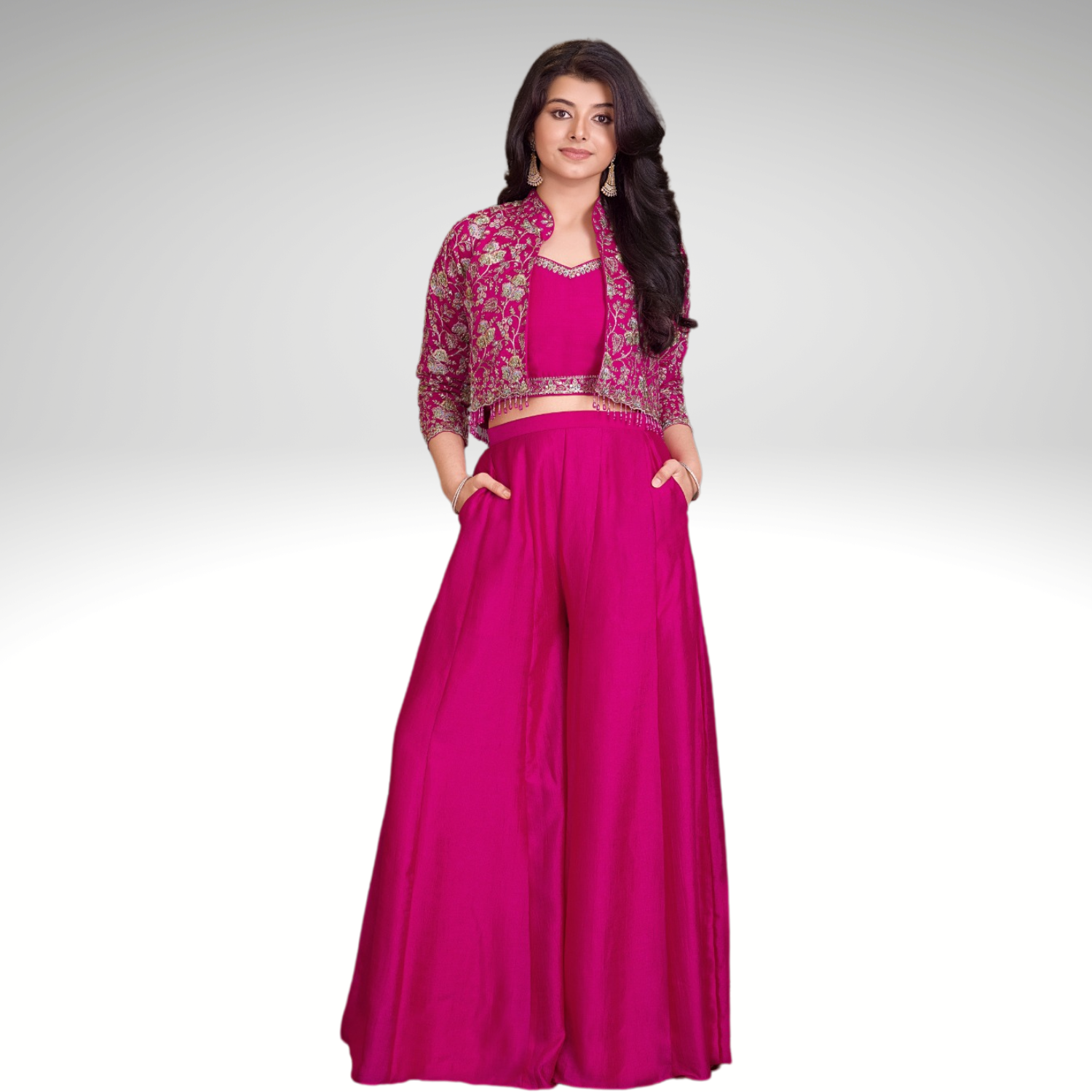 Qree Girls Rani Pink Embroidered Palazzo Set with Crop Top & Jacket (1–12 Years)