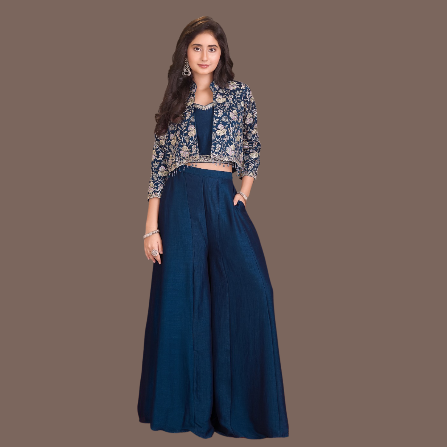 Qree Girls Navy Blue Embroidered Palazzo Set with Crop Top & Jacket (4–12 Years)