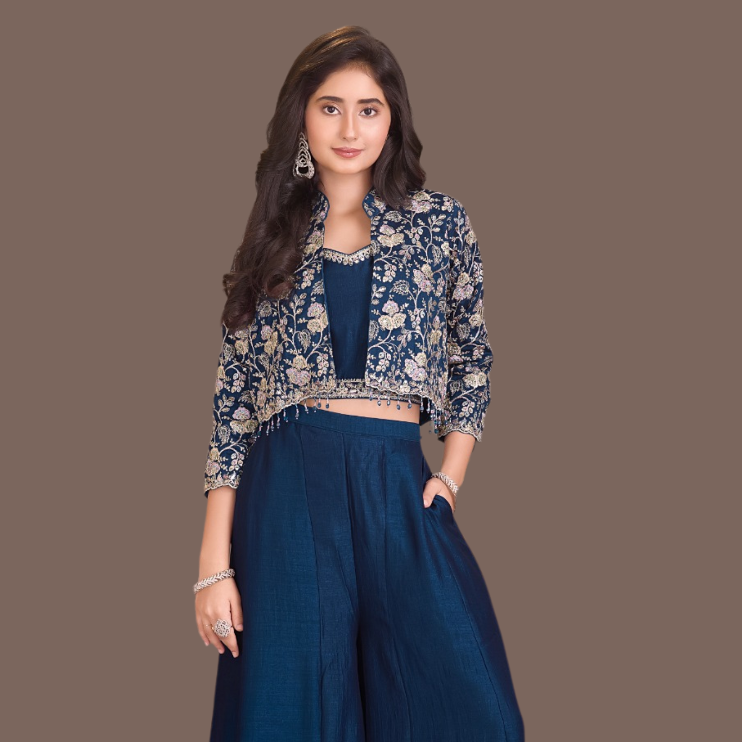 Qree Girls Navy Blue Embroidered Palazzo Set with Crop Top & Jacket (4–12 Years)