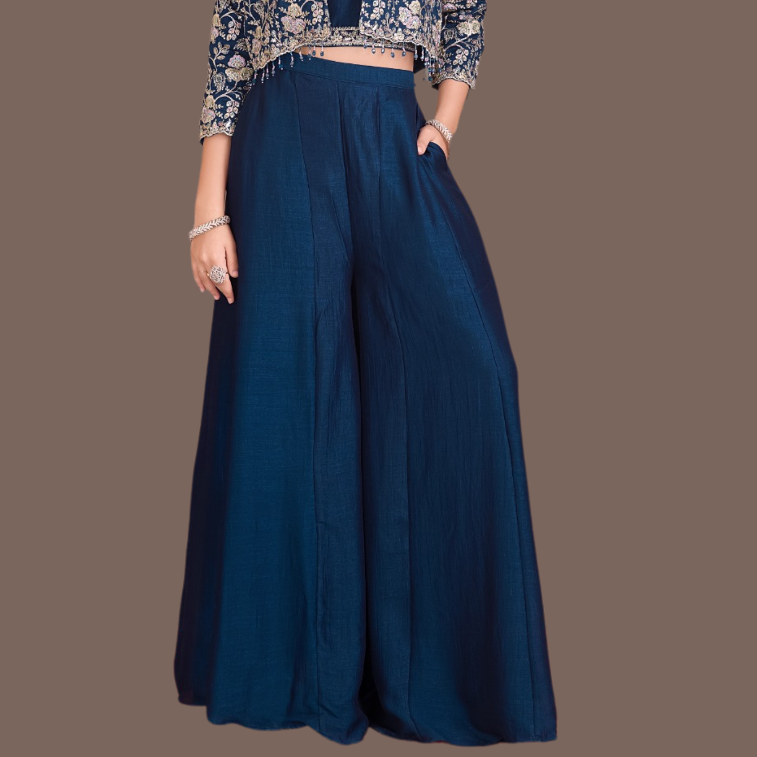 Qree Girls Navy Blue Embroidered Palazzo Set with Crop Top & Jacket (4–12 Years)