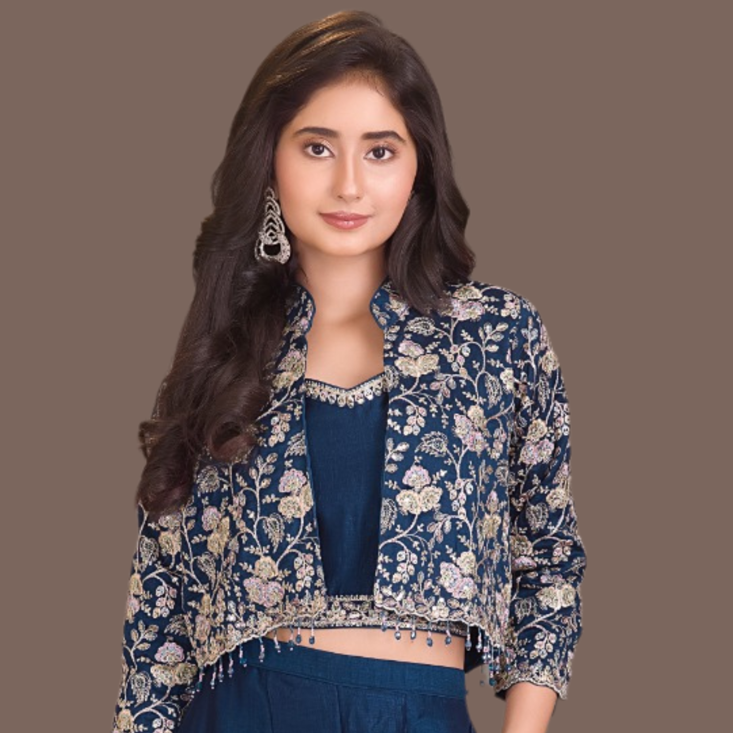 Qree Girls Navy Blue Embroidered Palazzo Set with Crop Top & Jacket (4–12 Years)