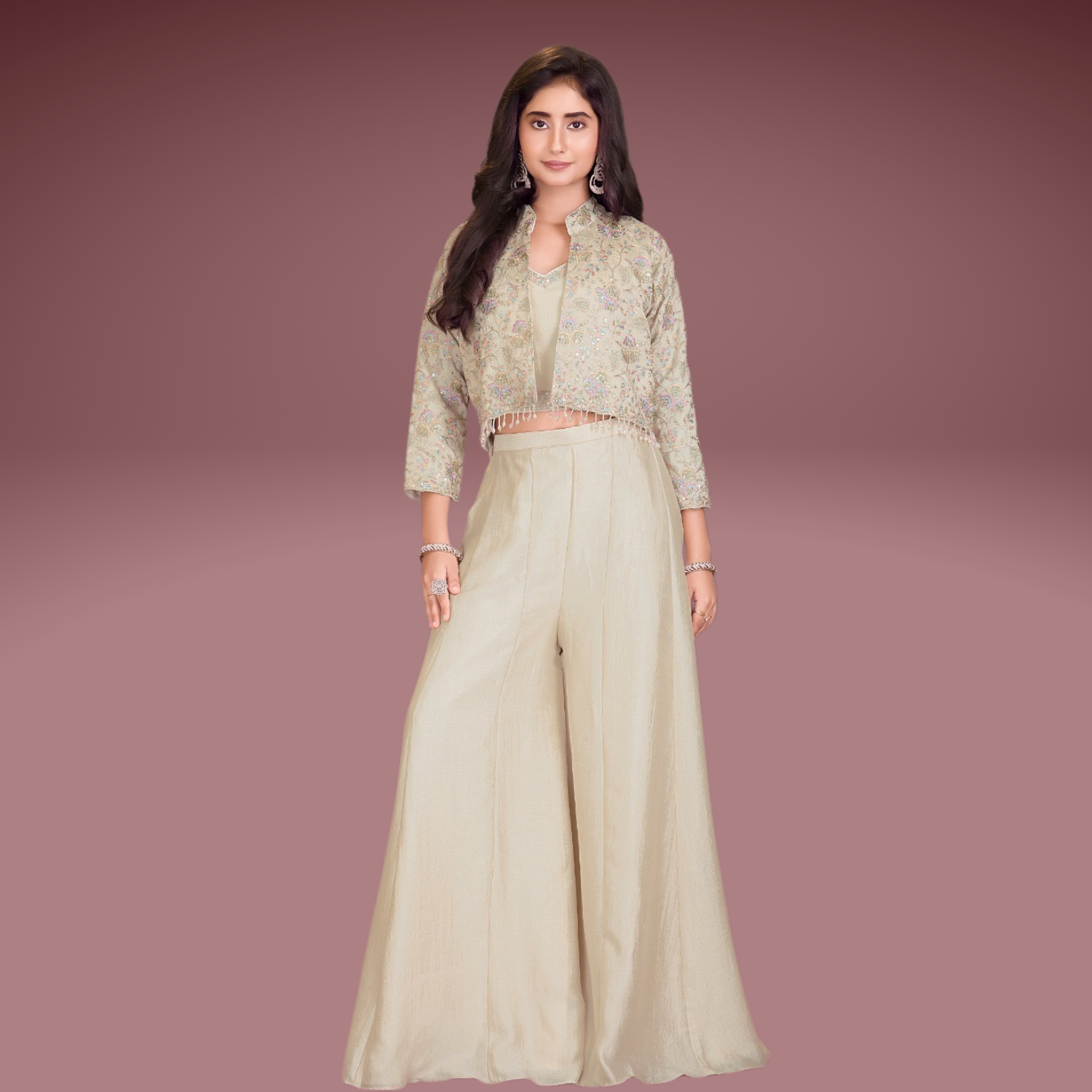 Qree Girls Cream Embroidered Palazzo Set with Crop Top & Jacket (1–12 Years)