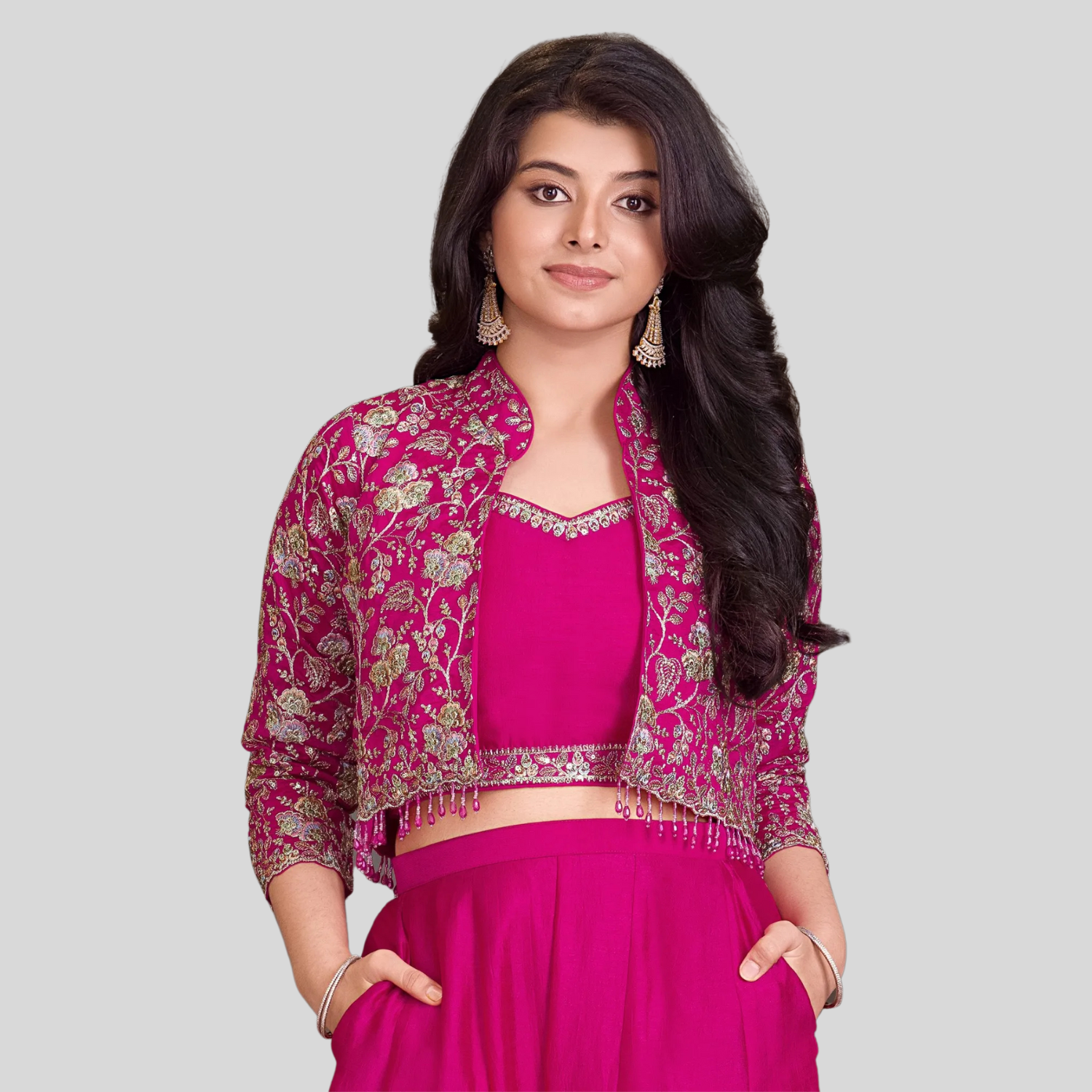 Qree Girls Rani Pink Embroidered Palazzo Set with Crop Top & Jacket (1–12 Years)