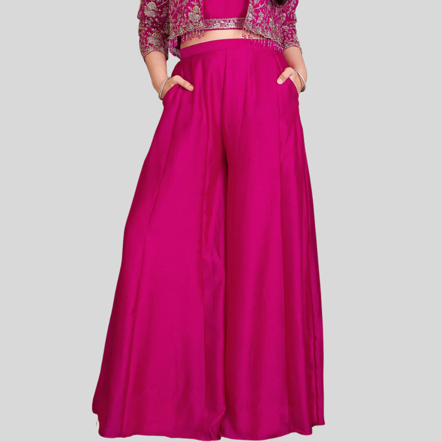 Qree Girls Rani Pink Embroidered Palazzo Set with Crop Top & Jacket (1–12 Years)