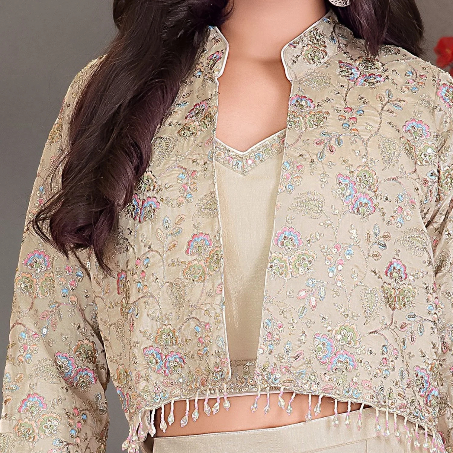 Qree Girls Cream Embroidered Palazzo Set with Crop Top & Jacket (1–12 Years)