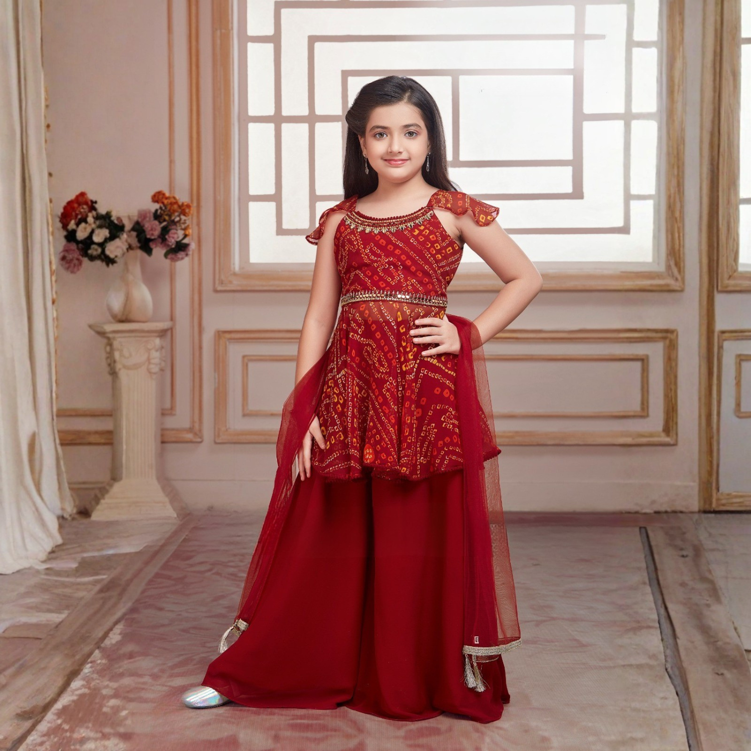 MISHA Girls Bandhani Printed Sharara Set – Red Ethnic Party Wear