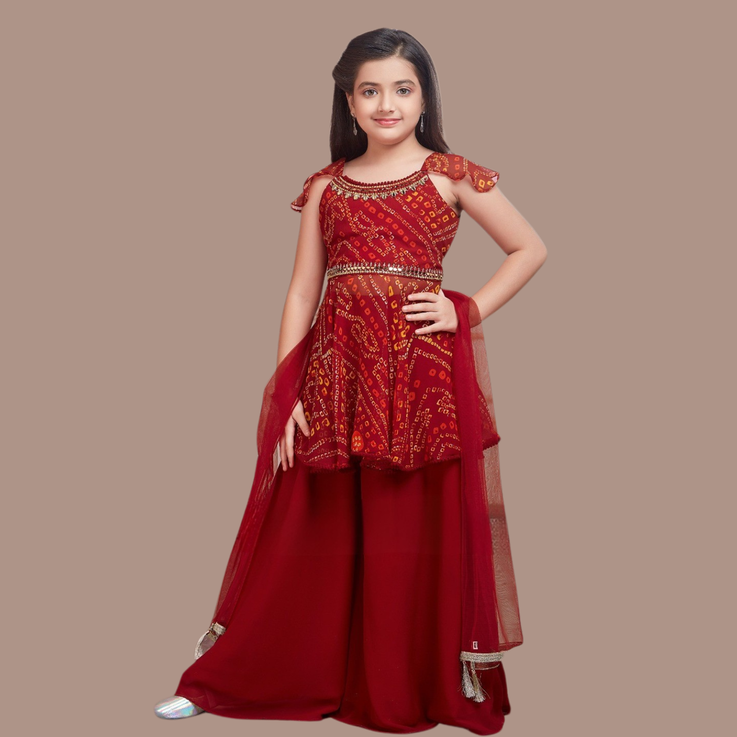 MISHA Girls Bandhani Printed Sharara Set – Red Ethnic Party Wear