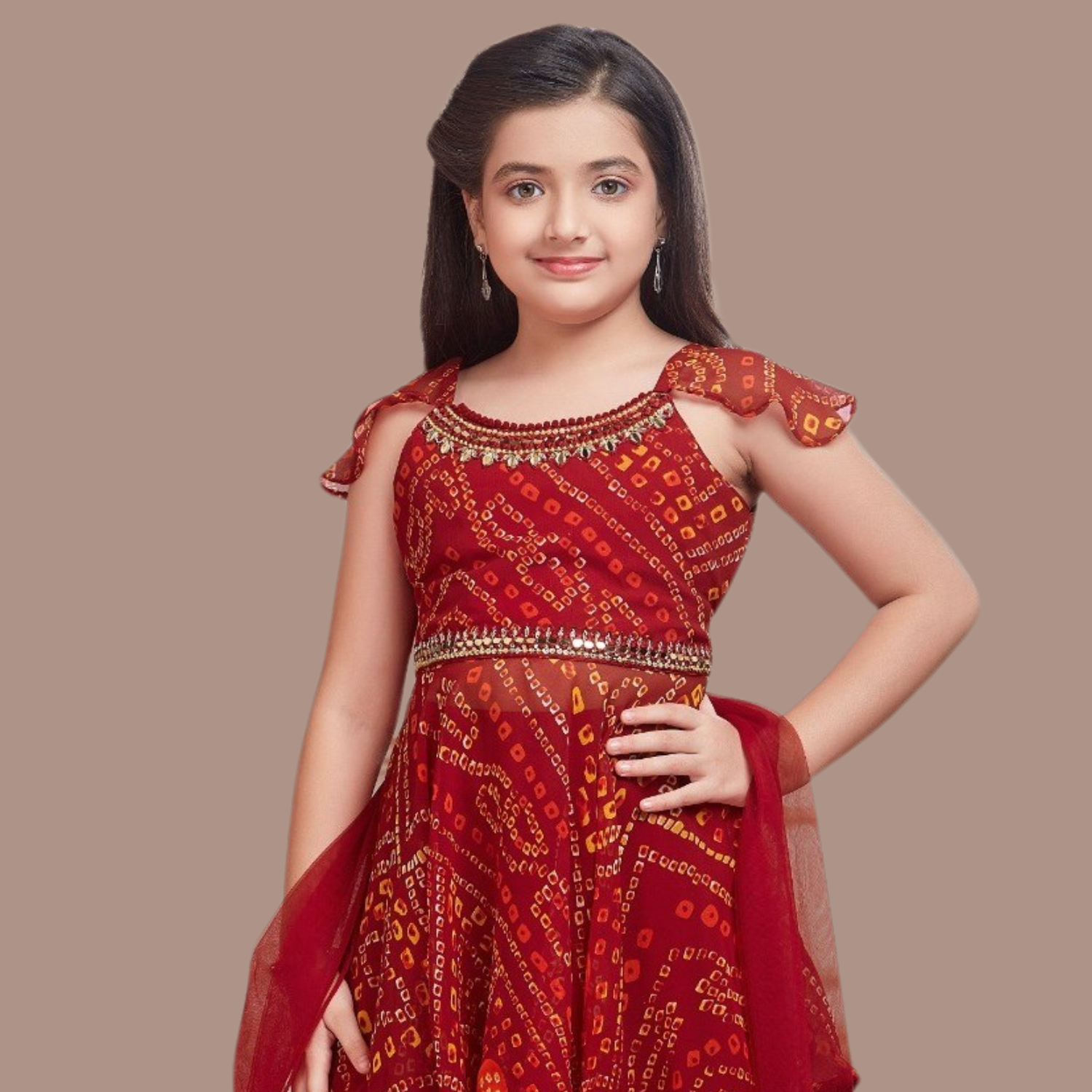 MISHA Girls Bandhani Printed Sharara Set – Red Ethnic Party Wear