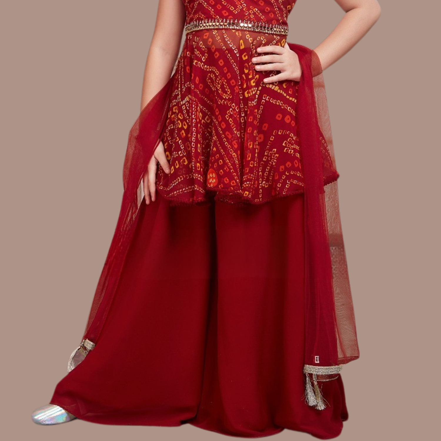 MISHA Girls Bandhani Printed Sharara Set – Red Ethnic Party Wear