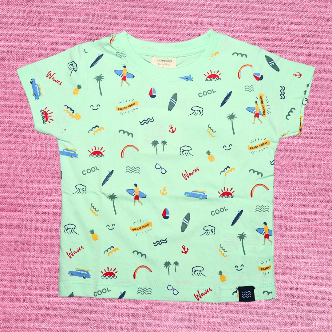 ollypop pure cotton , half sleeve with round neck t-shirt for boys | fully printed t-shirt| available in green and white color