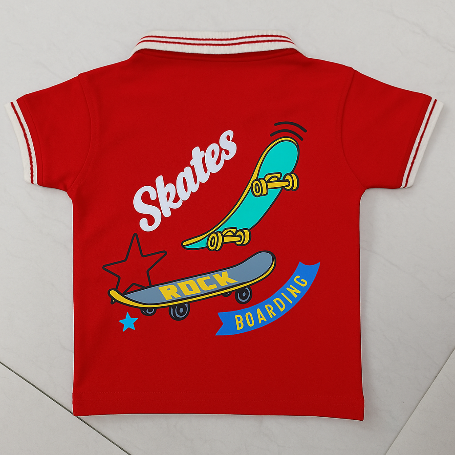 Smile Baby Boys' Polo T-Shirt – Green & Red Skateboard Print | Ages 6 Months to 4 Years