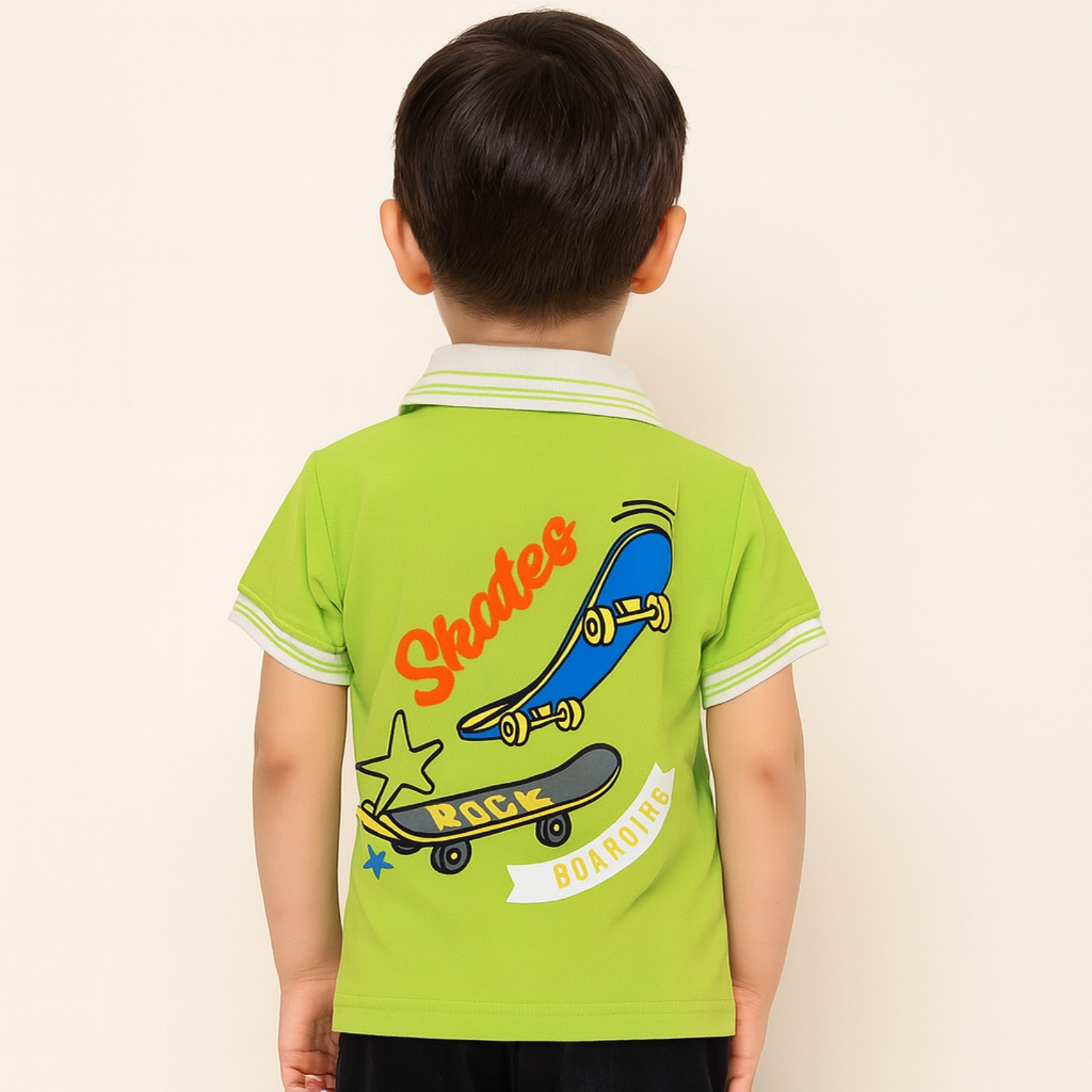 Smile Baby Boys' Polo T-Shirt – Green & Red Skateboard Print | Ages 6 Months to 4 Years