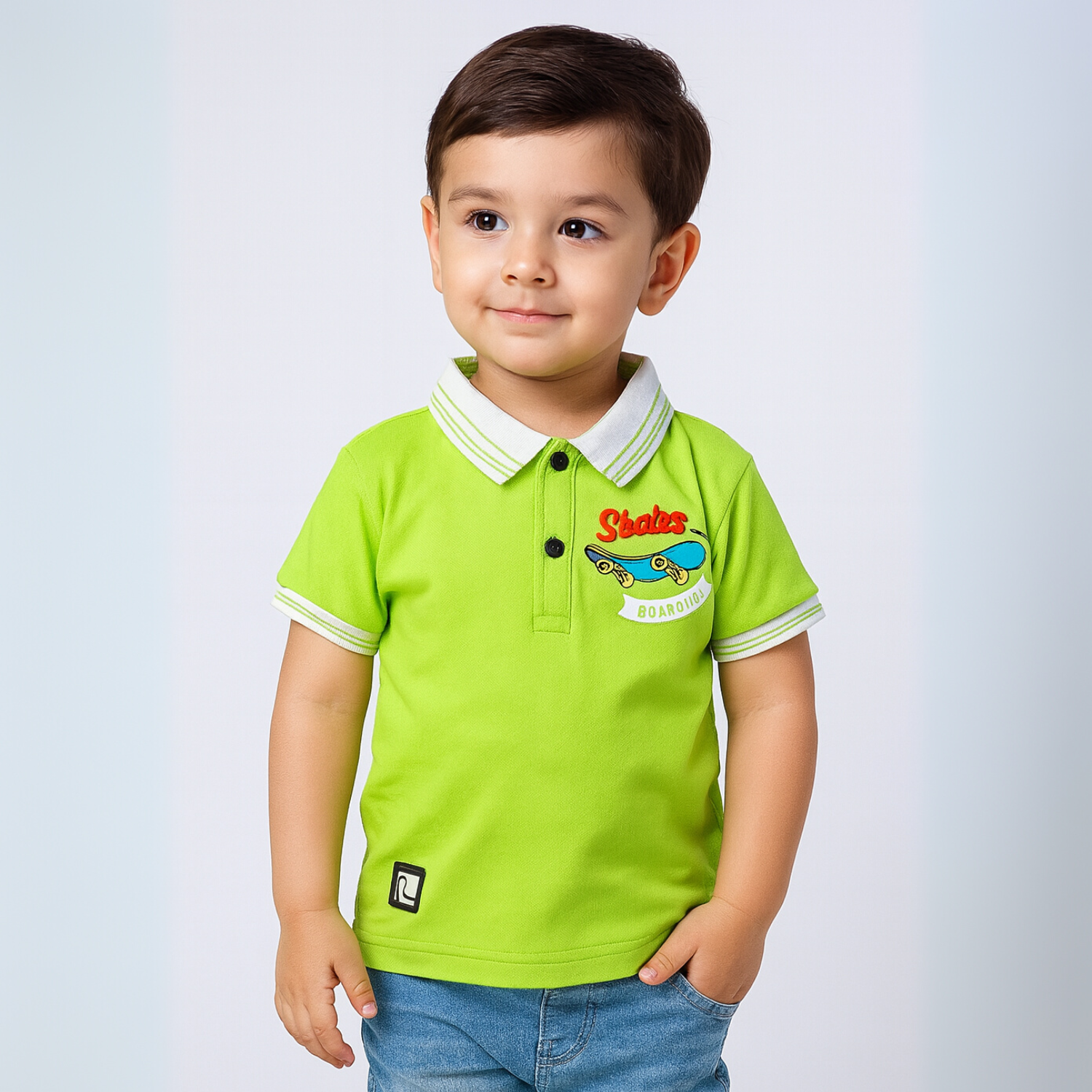 Smile Baby Boys' Polo T-Shirt – Green & Red Skateboard Print | Ages 6 Months to 4 Years
