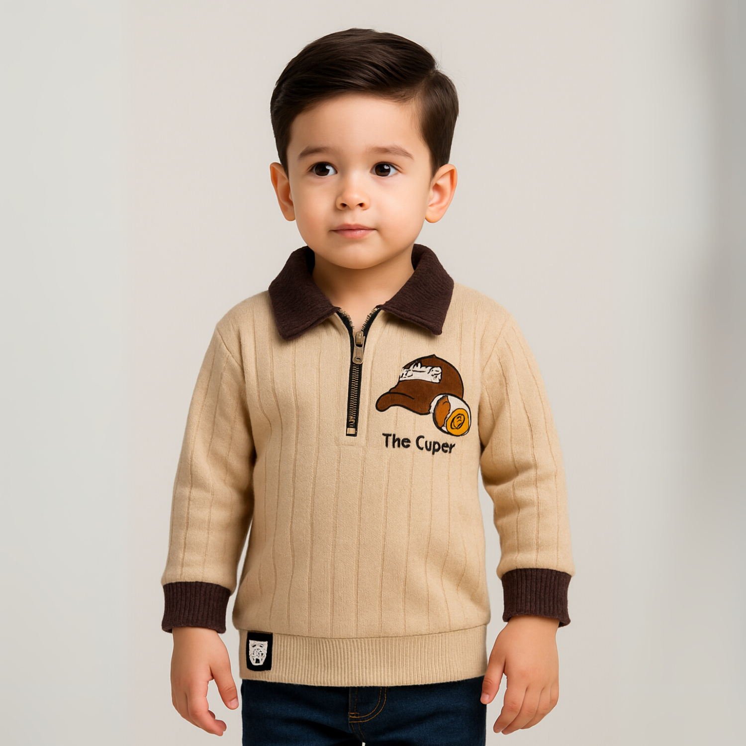 Smile Baby Fawn Ribbed Pullover for Boys – "The Cuper" Embroidery | Half-Zip Winter Sweater (6 Months – 4 Years)
