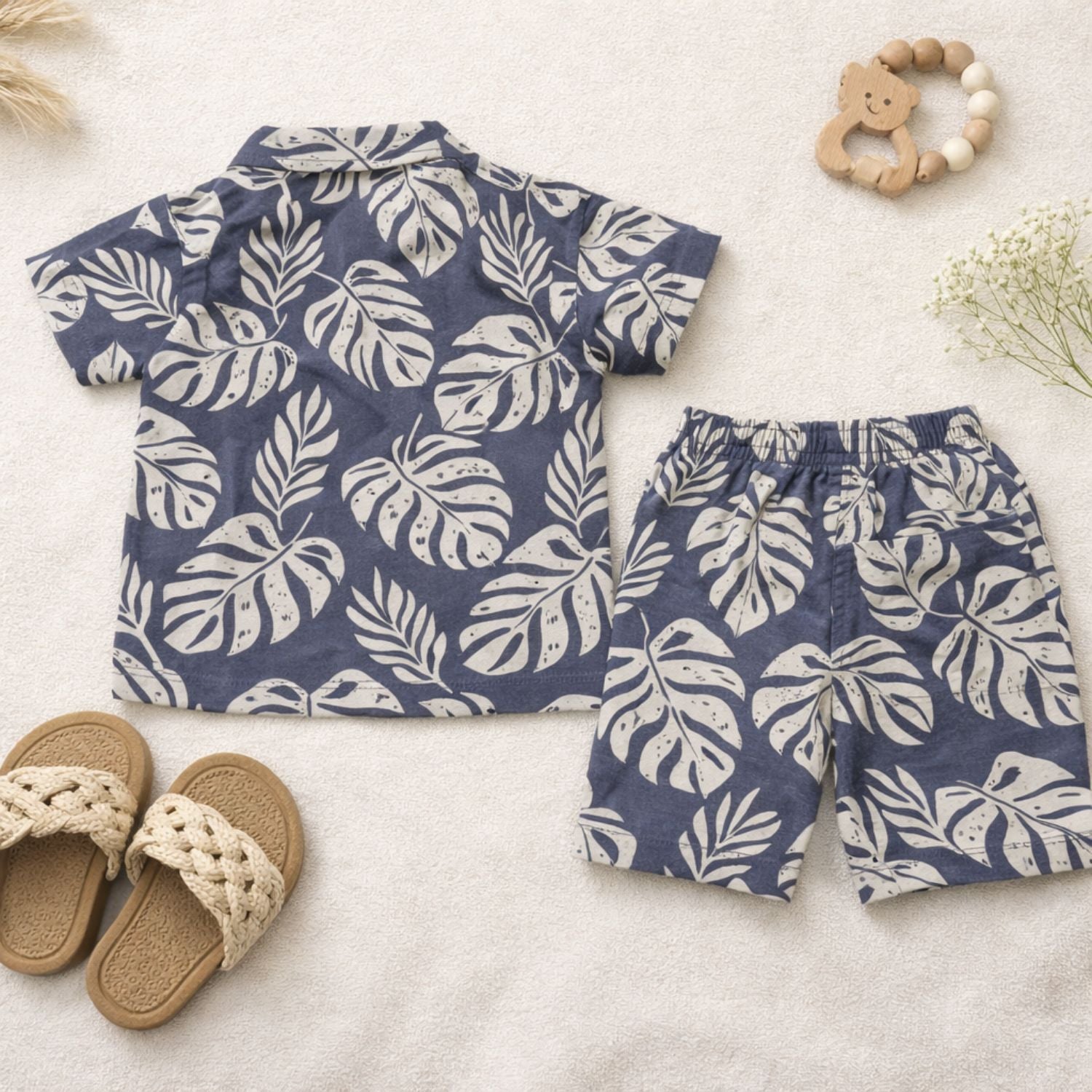 KIDZELLO Tropical Leaf Co-Ord Set for Boys (6M–3Y) – Summer Shirt & Shorts Outfit , S. Grey & Green