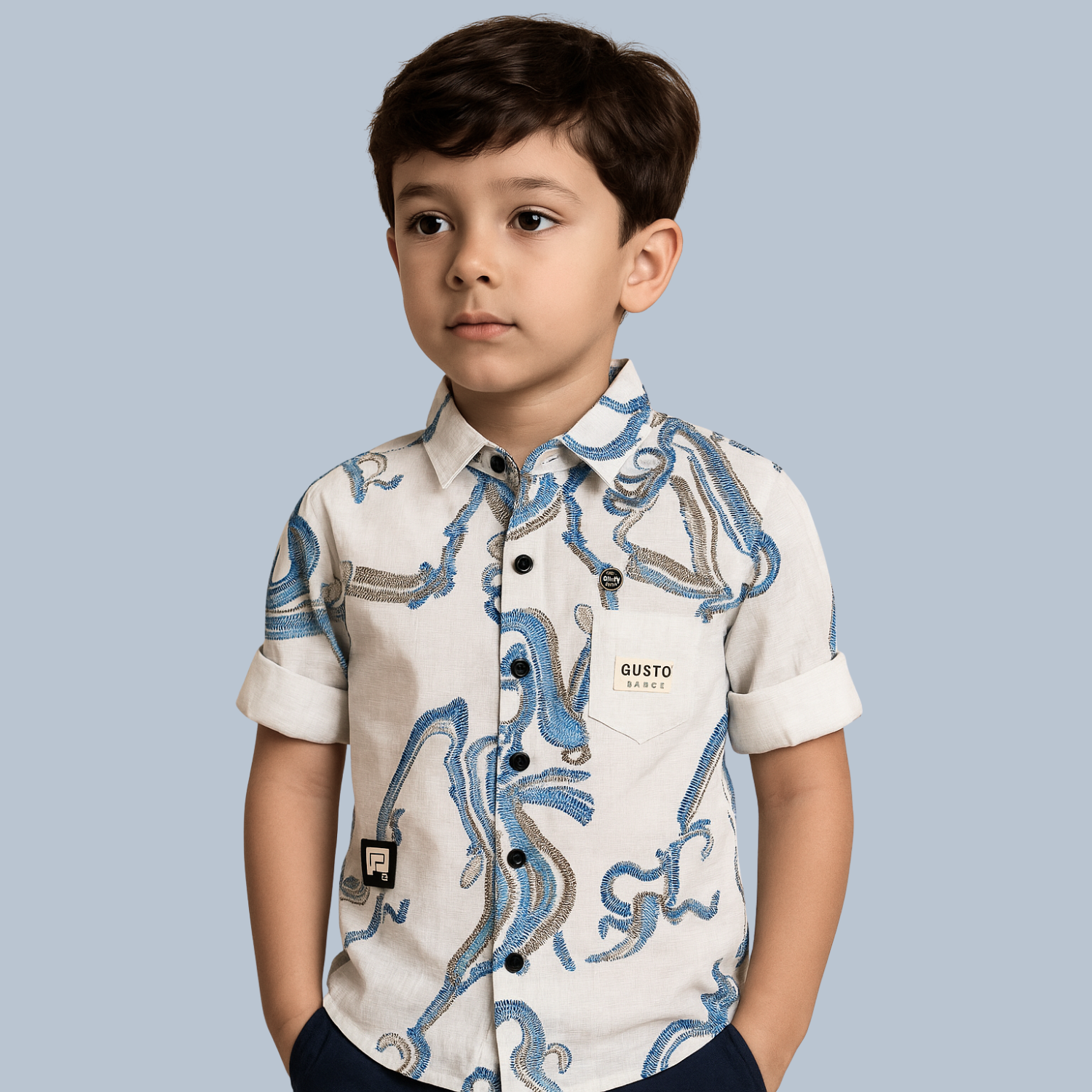 GUSTO Boys Printed Cotton Shirt – White with Blue Abstract Rope Design | Ages 6M–4Y