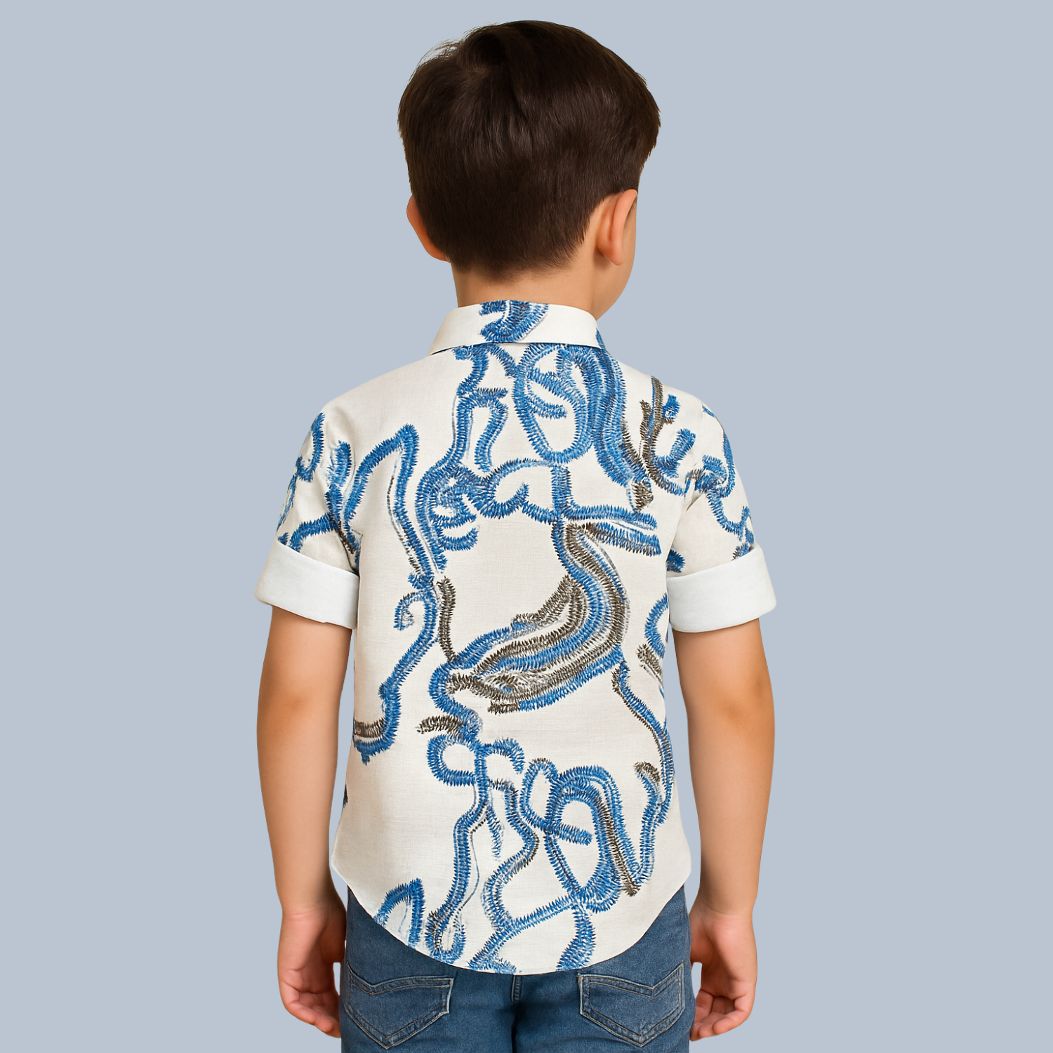 GUSTO Boys Printed Cotton Shirt – White with Blue Abstract Rope Design | Ages 6M–4Y