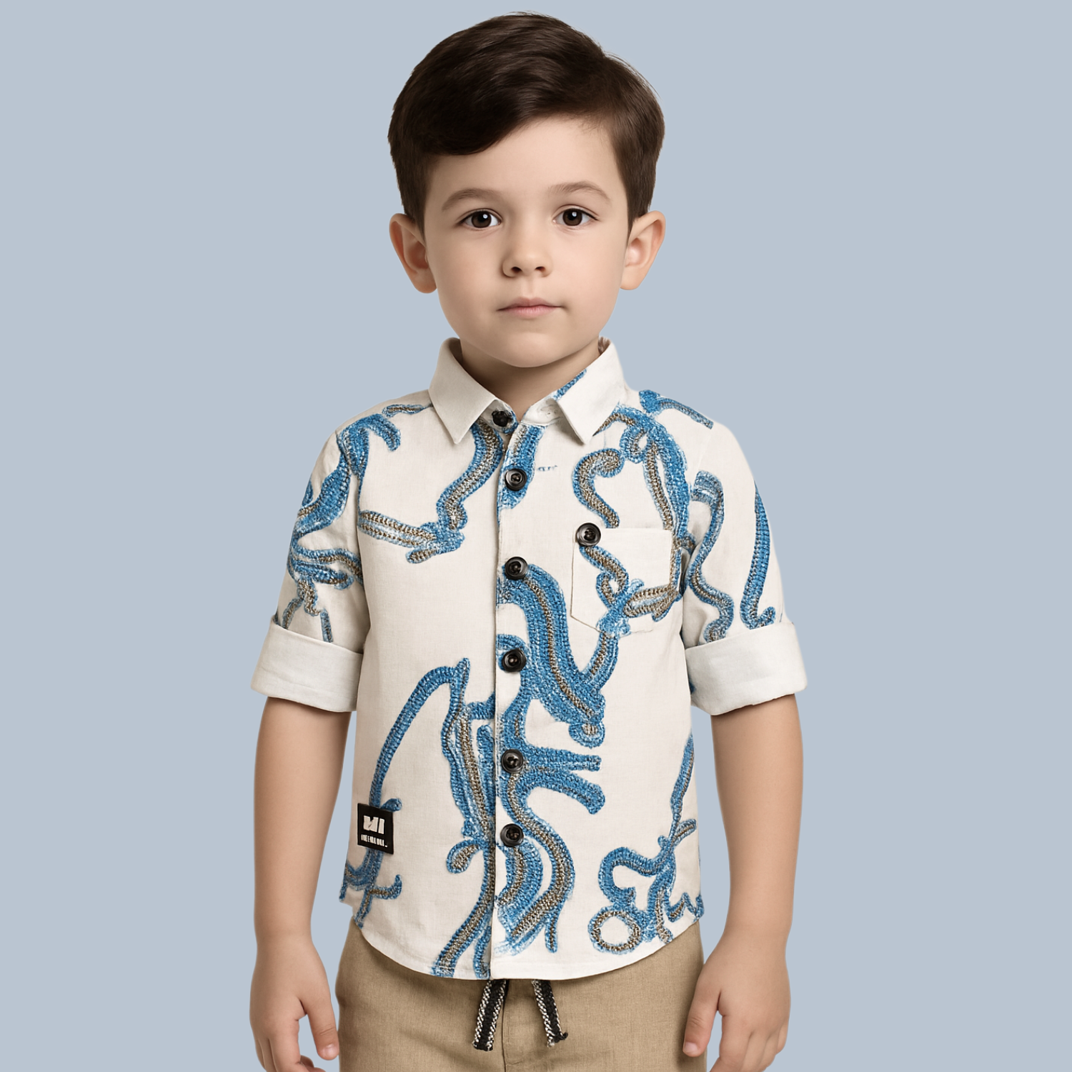 GUSTO Boys Printed Cotton Shirt – White with Blue Abstract Rope Design | Ages 6M–4Y