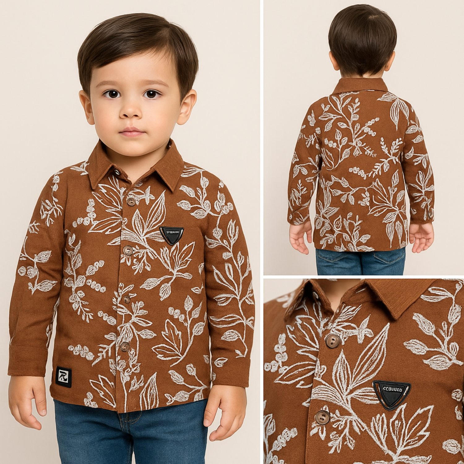 Smile Baby Boys' Fawn & Rust Leaf Print Shirt | Cotton Full Sleeve | Age 6 Months to 4 Years
