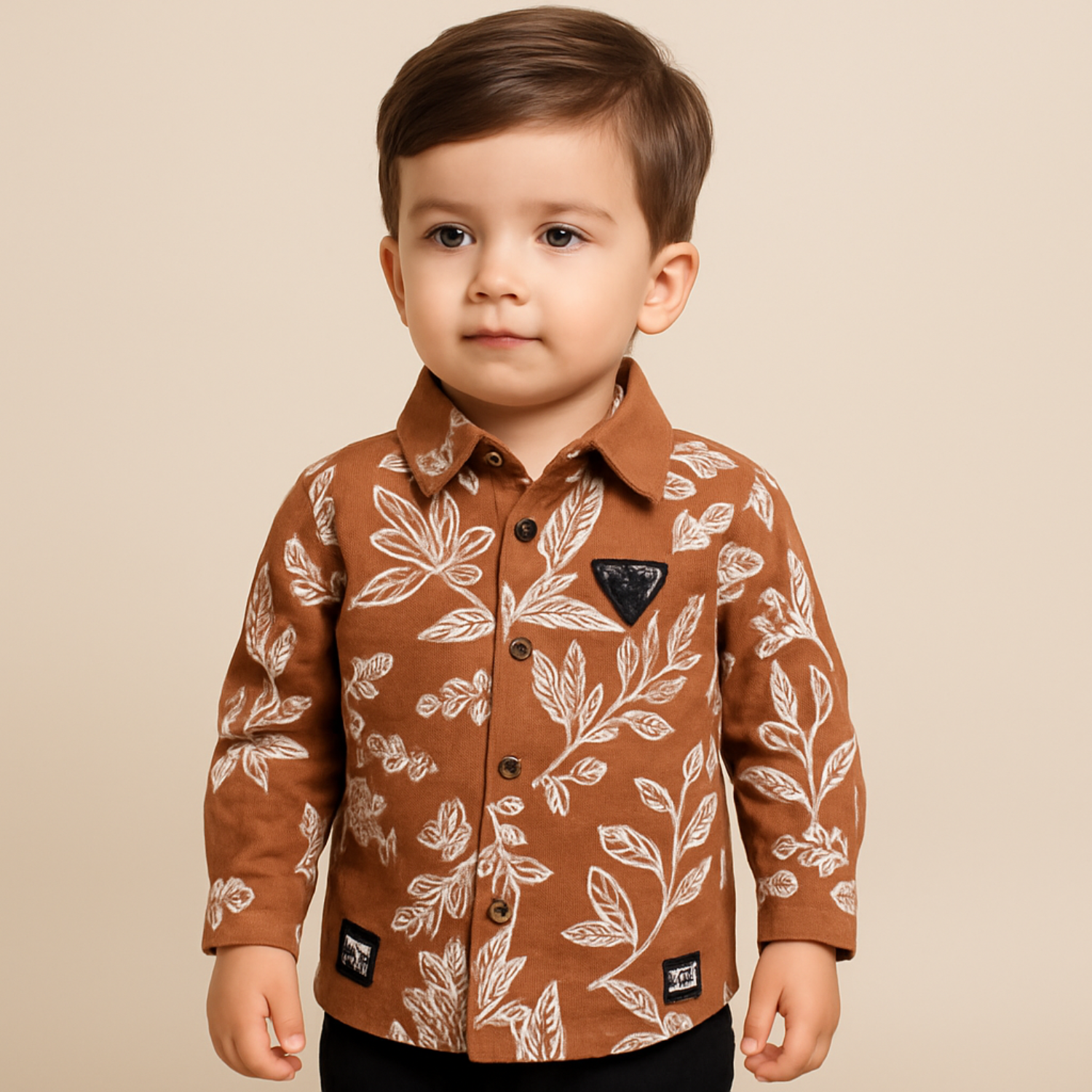 Smile Baby Boys' Fawn & Rust Leaf Print Shirt | Cotton Full Sleeve | Age 6 Months to 4 Years