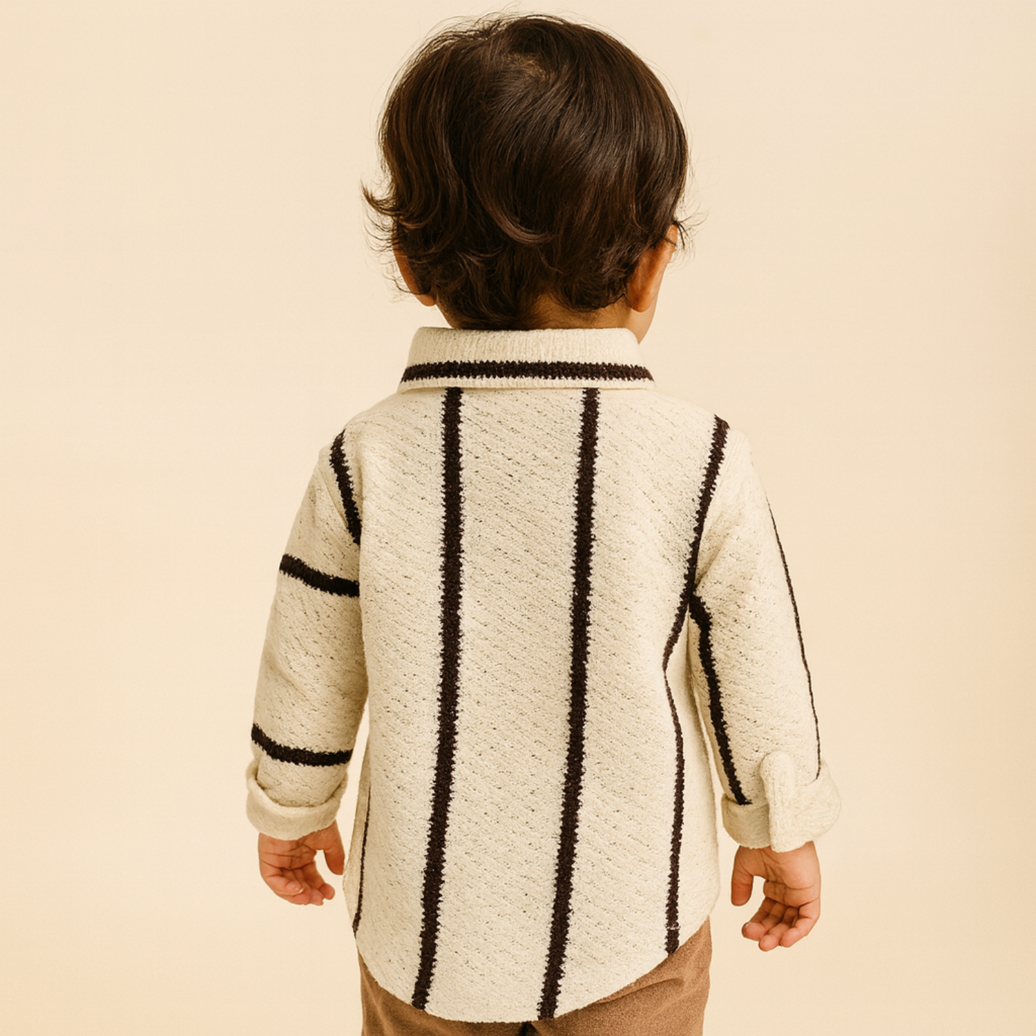 Smile Baby Boys Full Sleeve Winter Shirt – Textured Button-Down with Stripes | Available in CREAM & Black | 6 Months to 4 Years