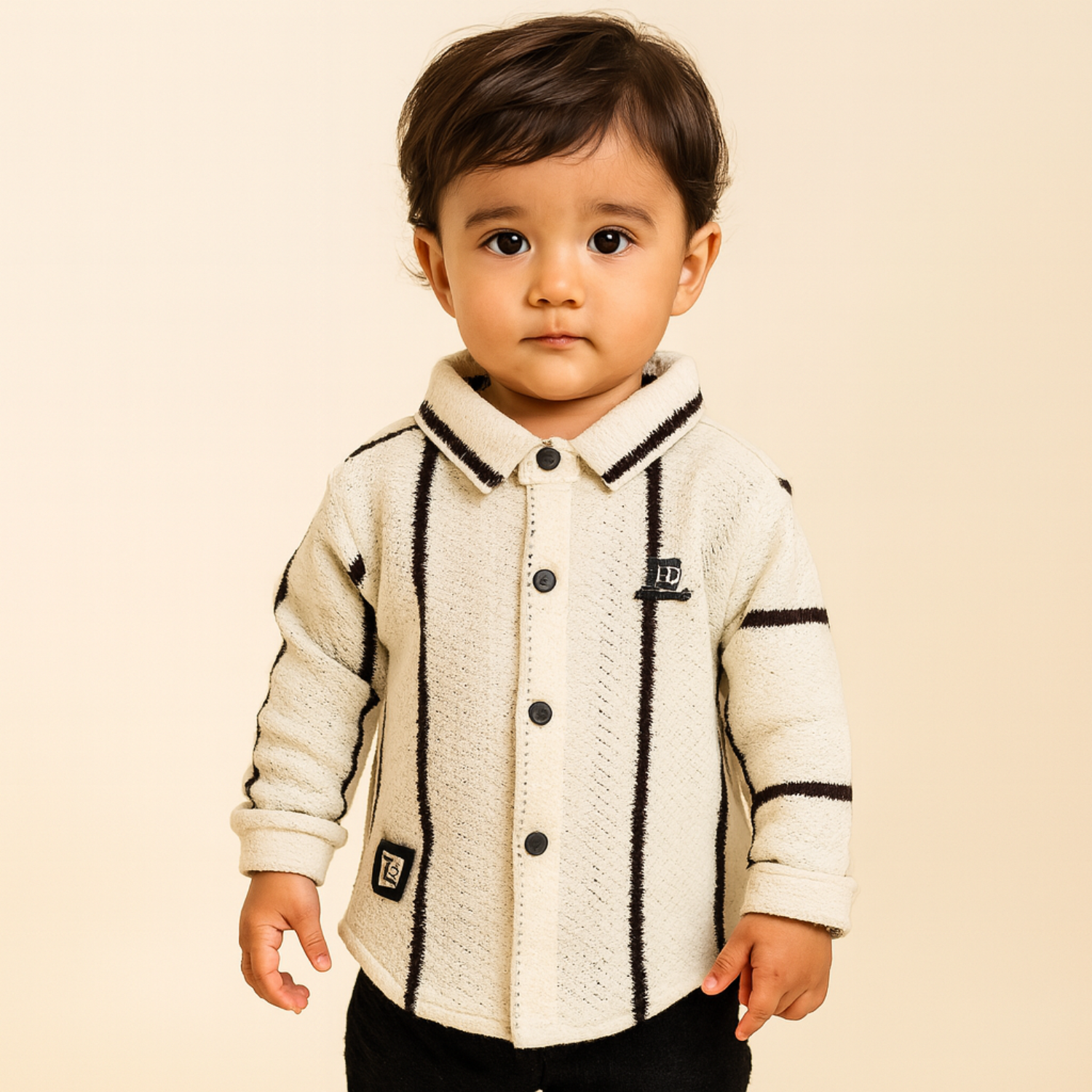 Smile Baby Boys Full Sleeve Winter Shirt – Textured Button-Down with Stripes | Available in CREAM & Black | 6 Months to 4 Years