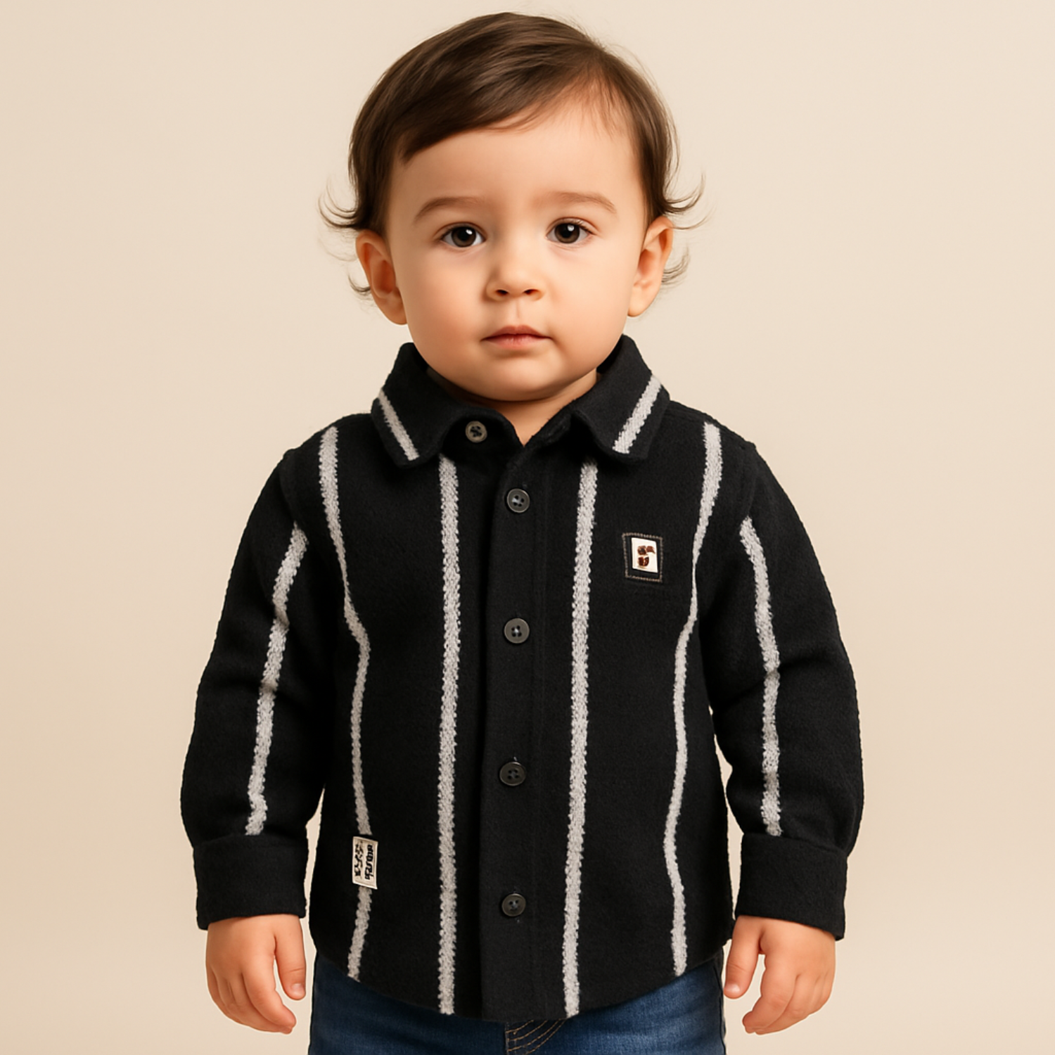 Smile Baby Boys Full Sleeve Winter Shirt – Textured Button-Down with Stripes | Available in CREAM & Black | 6 Months to 4 Years