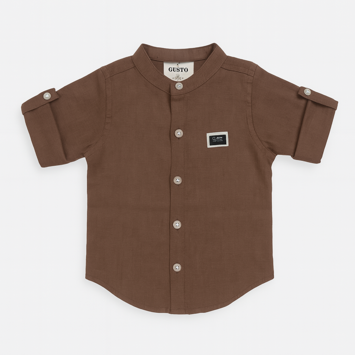 Gusto Kids Brown Full-Sleeve Band Collar Shirt (6M – 4Y) – Classic Cotton Shirt