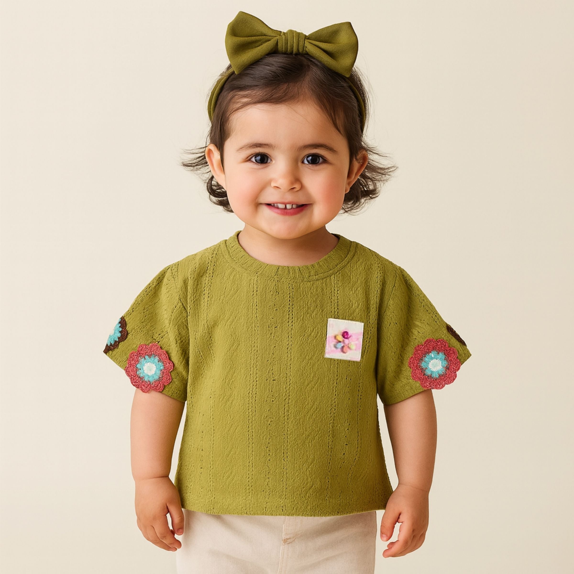 Smile Baby Cream & Green Embroidered Cotton Top for Girls | Age 12 Months to 14 Years