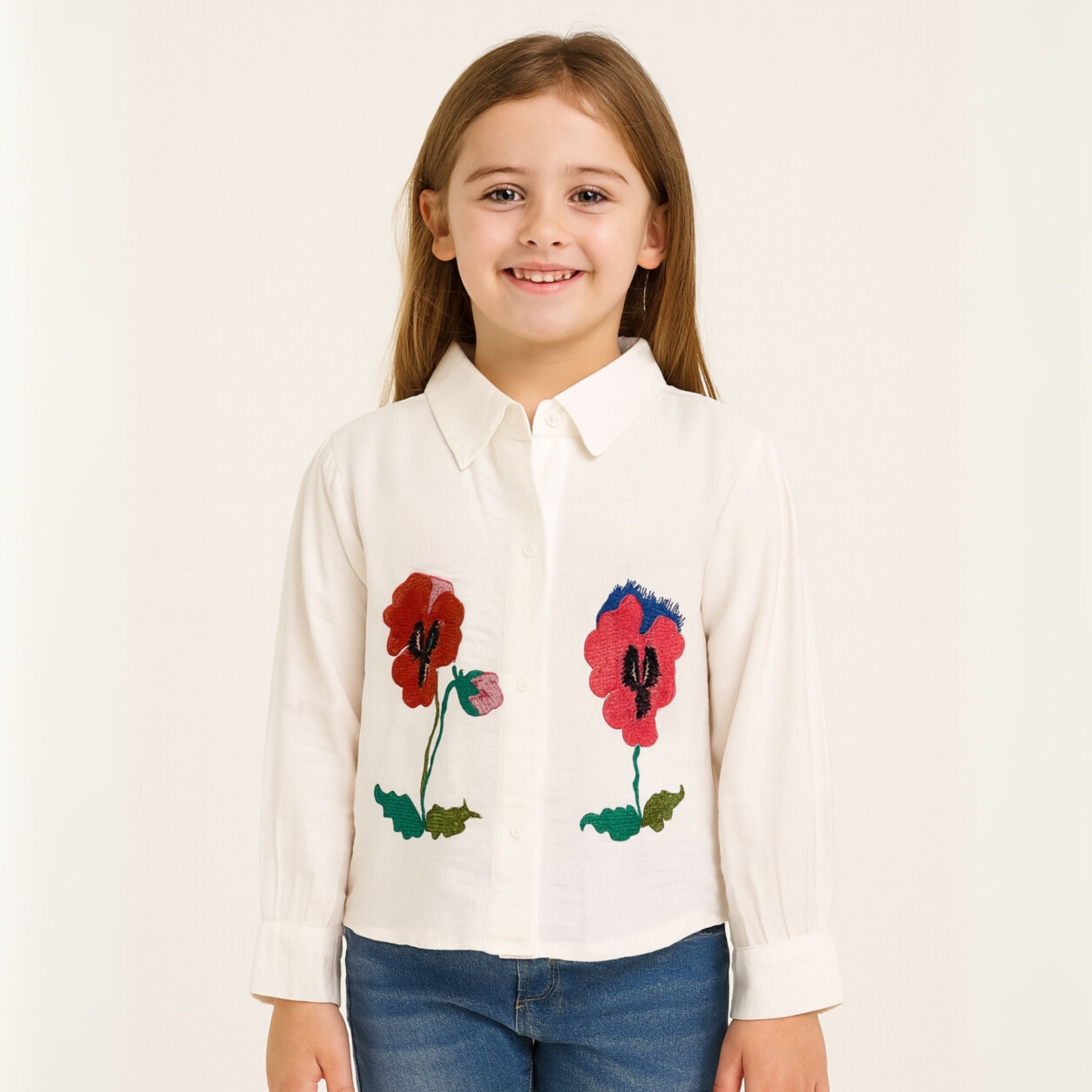 Smile Baby White Embroidered Flower Shirt for Girls | Age 5–14 Years